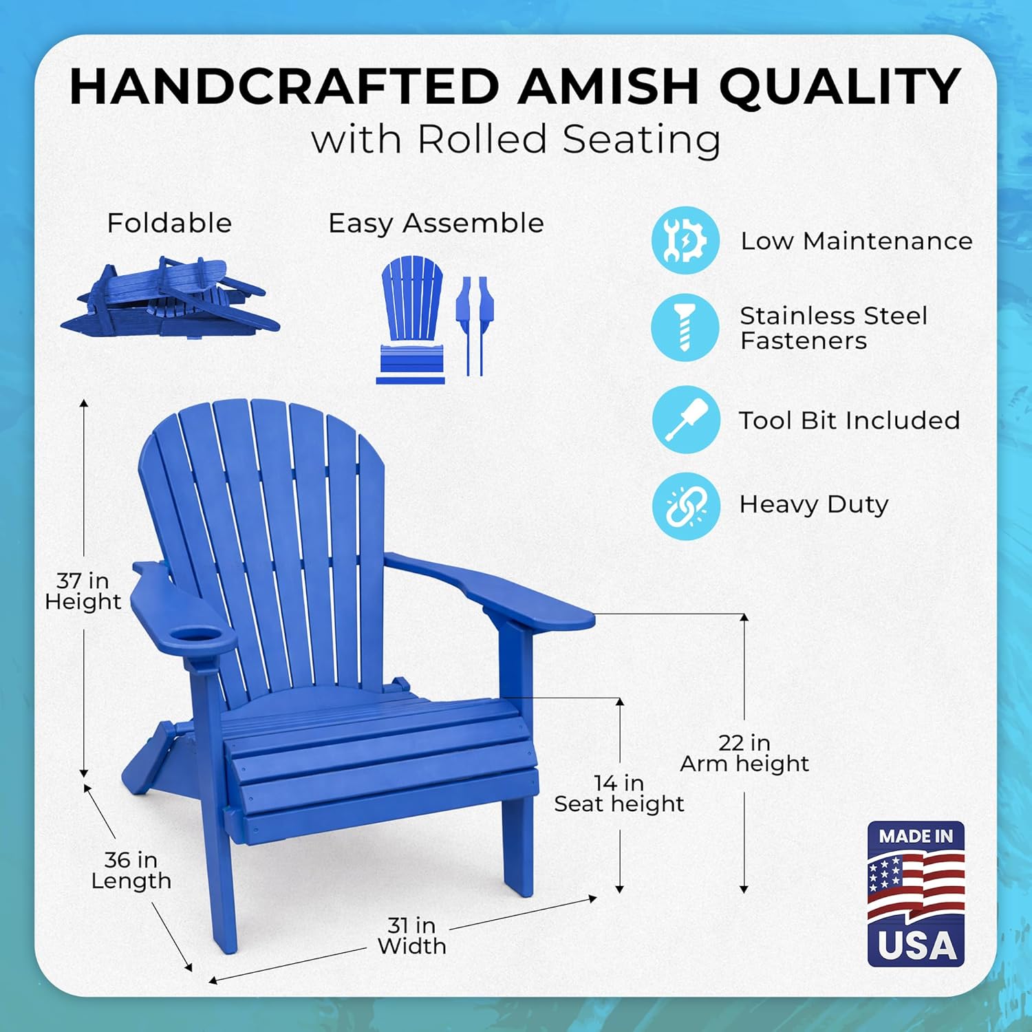 Ecommersify Folding Adirondack Chair with Cup Holder - (Blue) - Heavy Duty Recycled Poly Lumber Folding Chair - Amish Crafted Outdoor Furniture - Made in USA