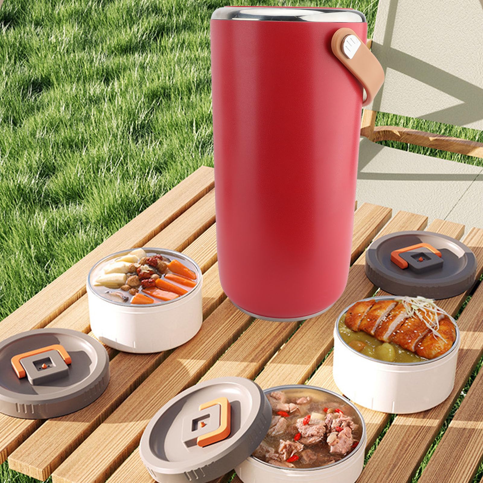 Sorandy Isoliertes Food -Glas aus Rostfreiem Stahl, Vakuum -Isolierfutterthermo, Tragbarer Stapelbarer Lebensmittelbehälter mit Leckerem Design für die Büroschule Im Freien (Rot)