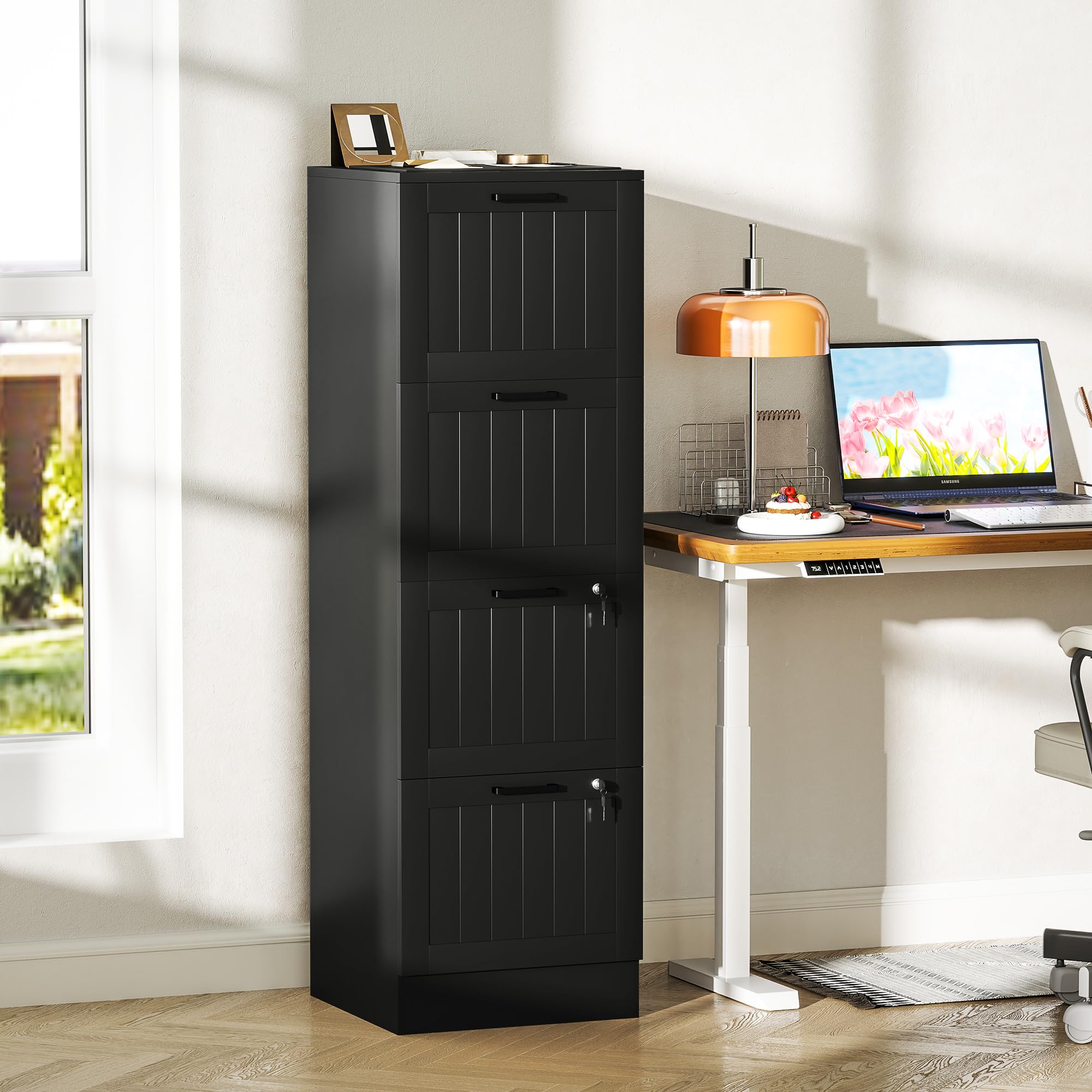 HOMCOM Classeur 4 tiroirs avec Rail réglable, 2 clés et 2 serrures, classeur de Bureau en MDF pour dossiers A4 et Lettre, 40x40x131 cm, Noir
