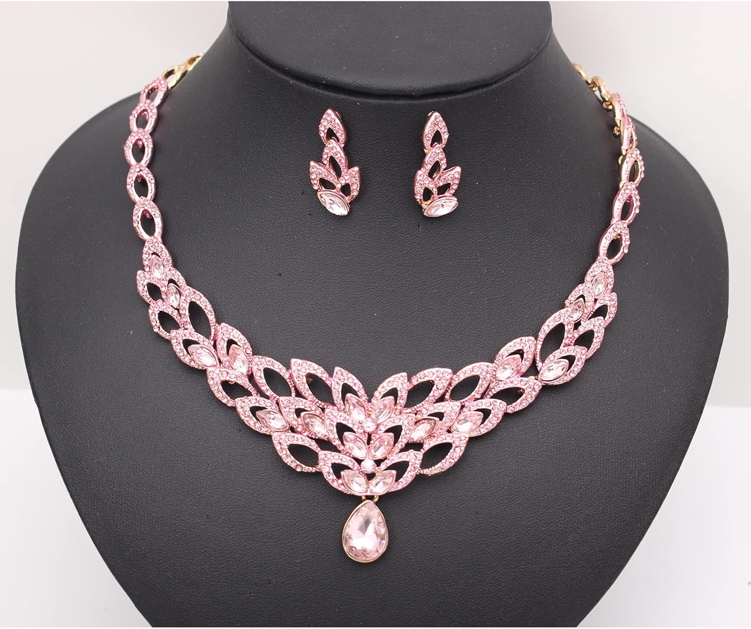 SFE Gold/Platinum Plated Bridal Statement Necklace and Drop Earring Bracelet Ring Set for Bride Wedding Jewelry Set Choker Necklace for Women