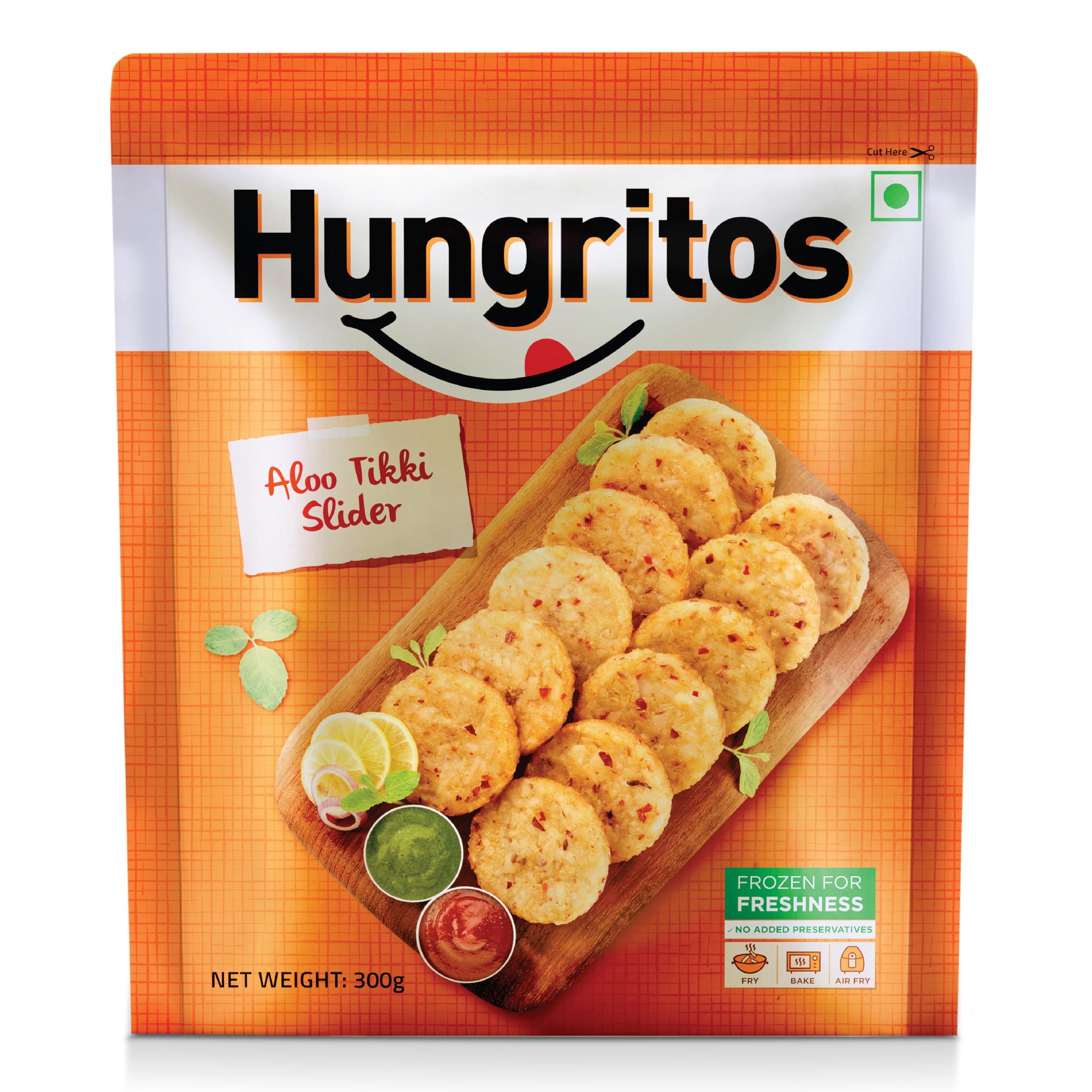 Hungritos Aloo Tikki Slider | Mini Potato Tikki with Mild Spices | Frozen Veg Snack | Ready-to-Cook | 300g