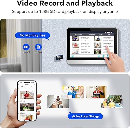 Miniatura 7 de Timbre inalámbrico con monitor video, sistema de intercomunicación de teléfono 1080P 7 pulgadas, pantalla táctil, audio bidireccional, timbre de
