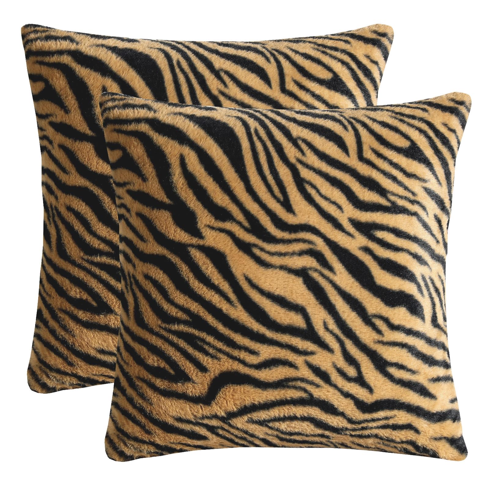 HOSTECCO Tiger Print Cushion Covers 45x45cm Pack of 2, Brown and Black Faux Fur Cushion Cases, Soft Fluffy Animal Print Square Decorative Throw Cushions for Couch Sofa Living Room Bedroom