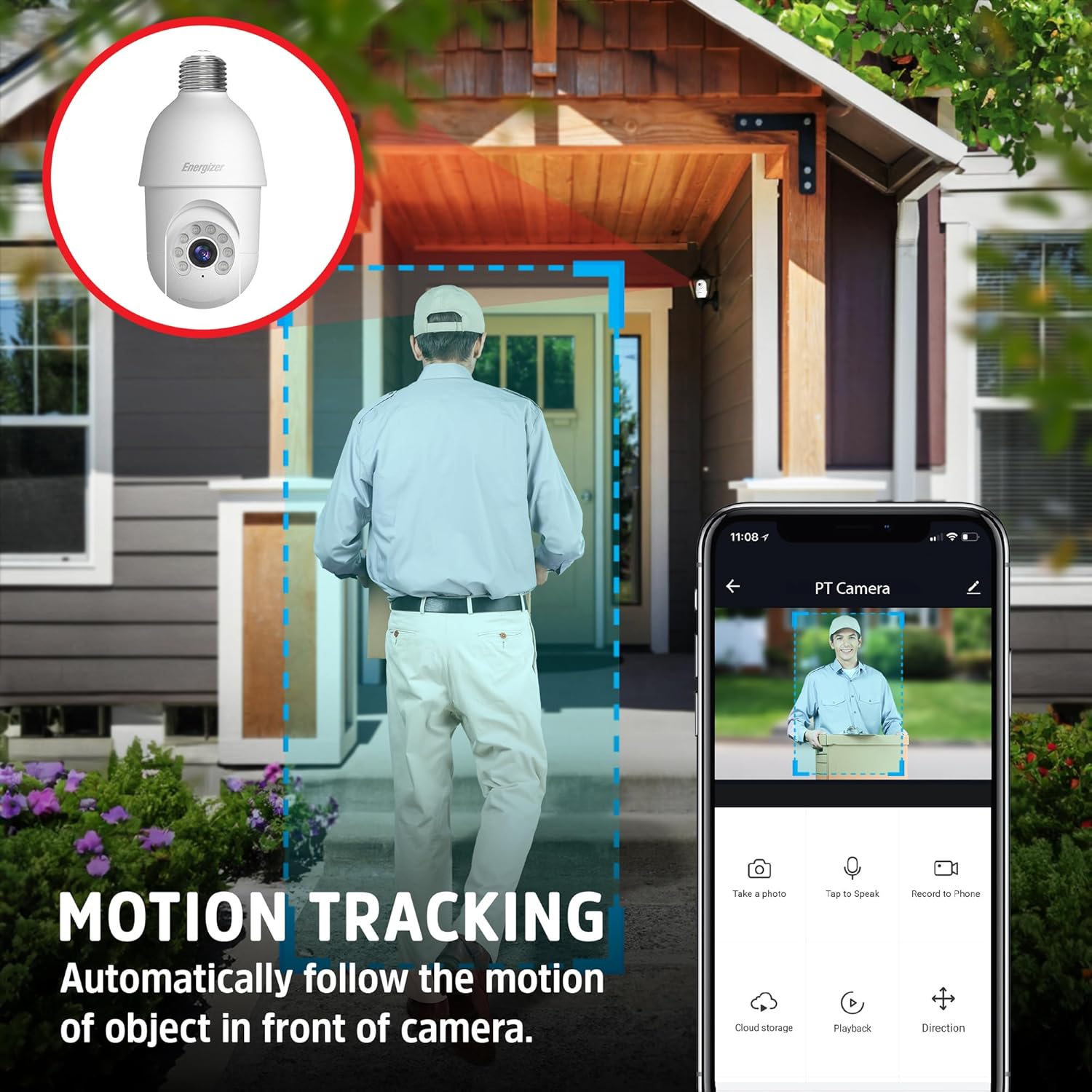 Energizer Smart Socket Camera, 2K QHD Outdoor Light Bulb Security Camera, 5GHz/2.4GHz, Pan & Tilt Auto Motion Tracking, 2-Way Audio, Night Vision, Recording, Alerts, Voice Control with Alexa & Google