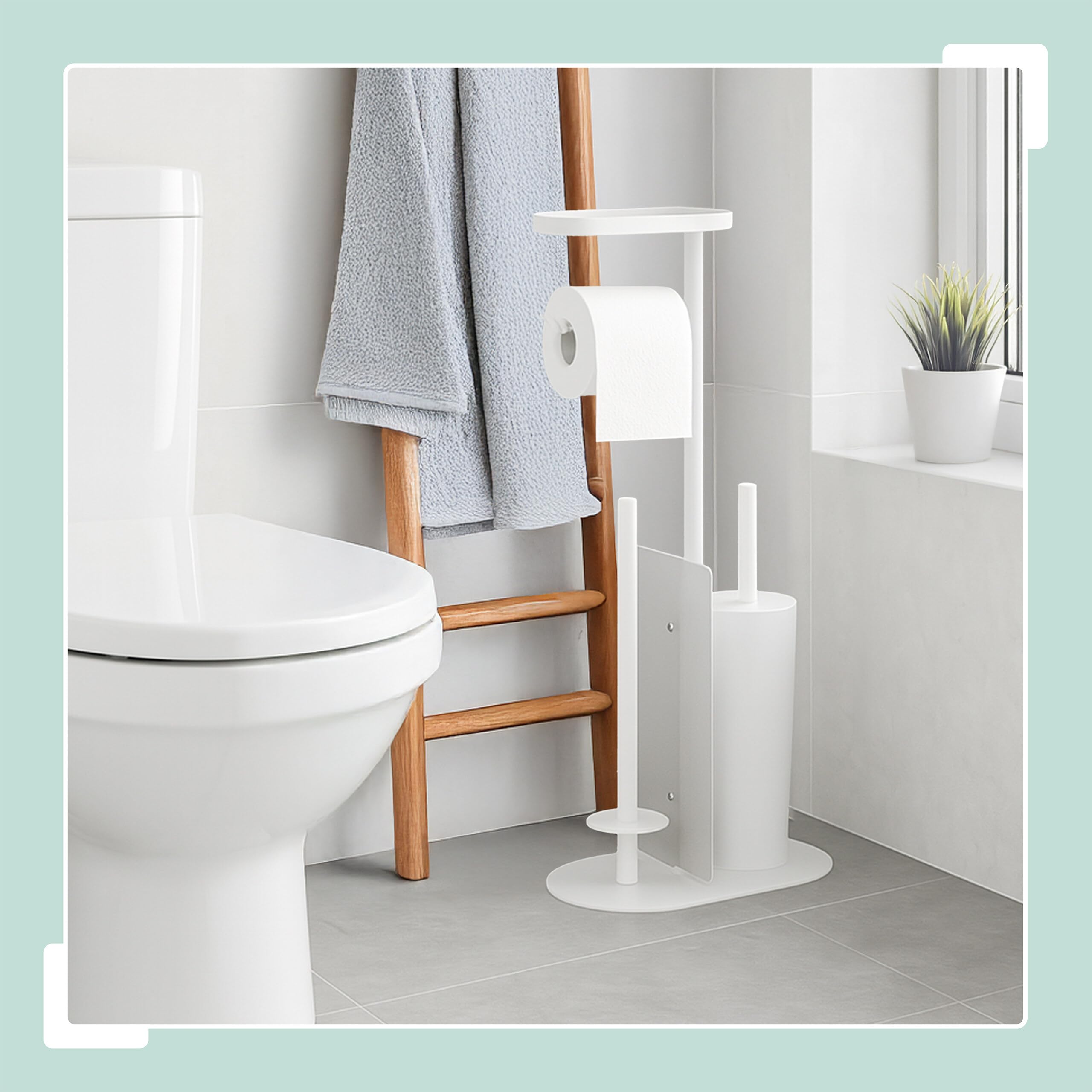 Juego de baño Relaxdays, HxBxT: 65 x 26 x 17 cm, Soporte de Papel higiénico, escobilla, portarrollos, Estante, Blanco