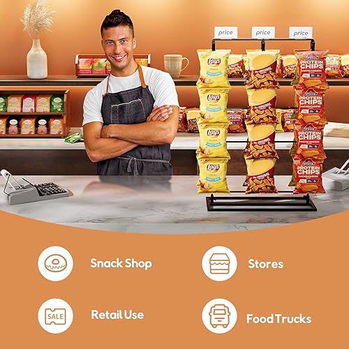 Miniatura 2 de Puricon Soporte de exhibición para papas fritas, 2 filas con 32 clips, soporte de chips para fiestas, venta al por menor, soporte para bolsas de