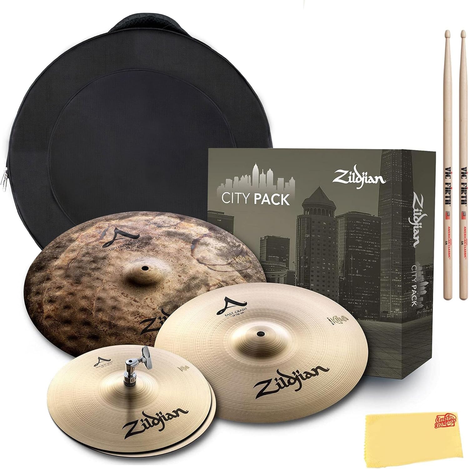 Zildjian ILHSTD I Family Standard Gig Cymbal Pack Bundle with Cymbal Bag, Drumsticks, and Austin Bazaar Polishing Cloth
