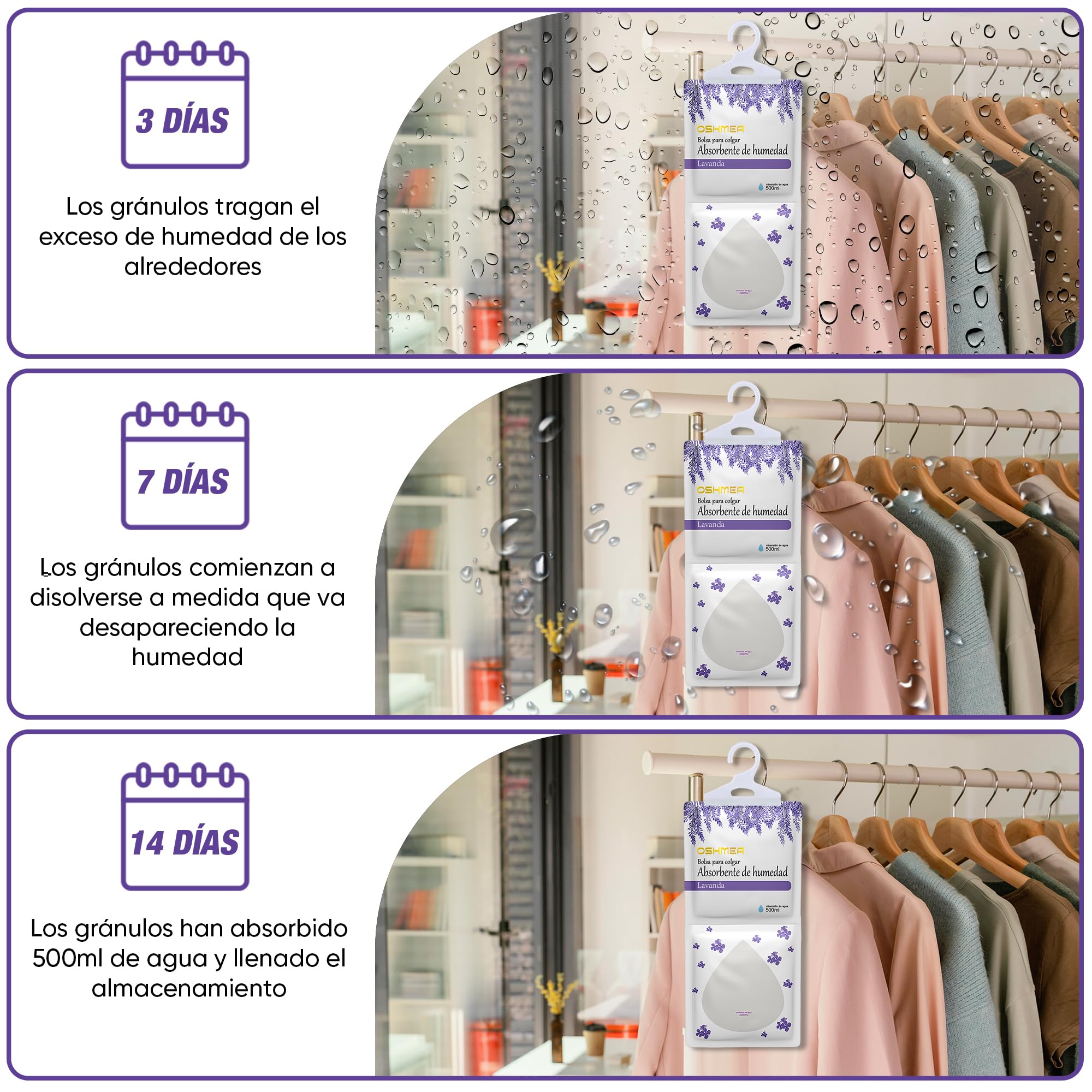 Pack 10 Bolsas Antihumedad PREMIUM de 500ML Función 2 EN 1 Deshumidificador Armario con Aroma Lavanda. Bolsas Absorbentes de Humedad y Condensación. Quita Moho y Olores en Armarios, Ropa, Casa