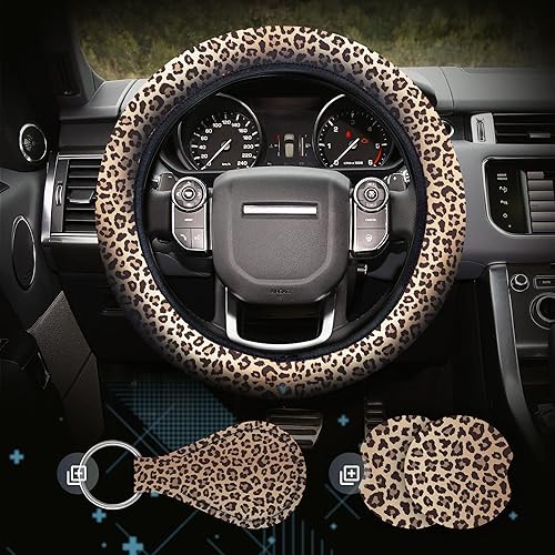 Zadin - Funda para volante con estampado de leopardo con portavasos y llavero incluido  Funda para volante estilo leopardo lindo y a la moda, ajuste