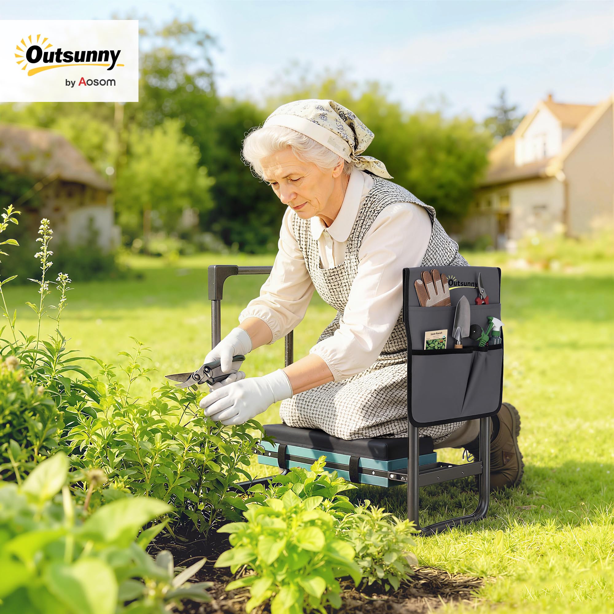 Outsunny Tabouret de Jardin Pliable Agenouilloir de Jardin Repose-Genoux Siège Jardinage avec Coussin Rembourré Épais en Mousse EVA, Poches à Outils, Gris Foncé