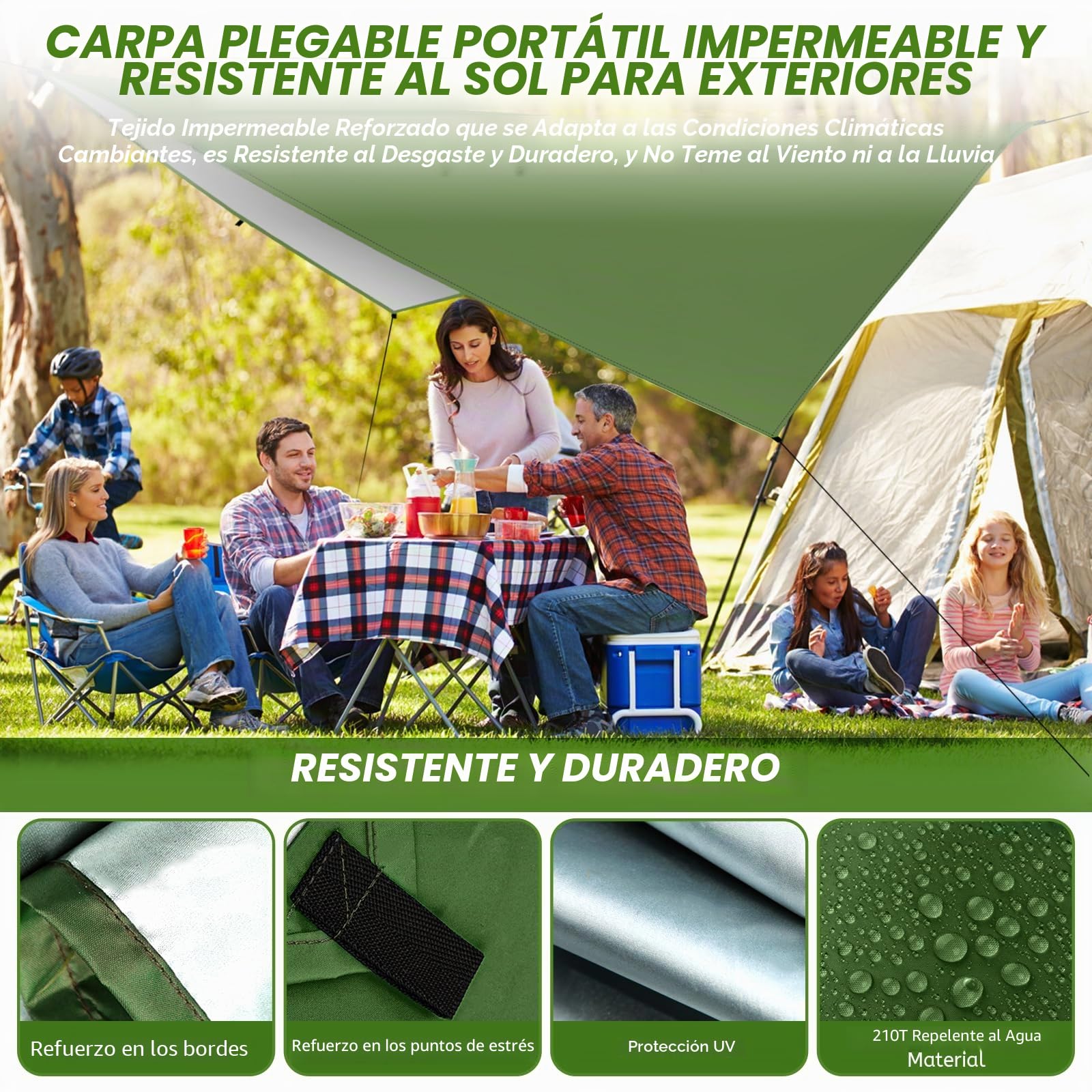 Toldo de Refugio Impermeable 3X3M,Ultraligero y Portátil Toldo Camping, Tienda de Campaña Hamaca Protección UV Anti Desgarro, Ideal para Acampar Senderismo Picnic al Aire Libre, Verde