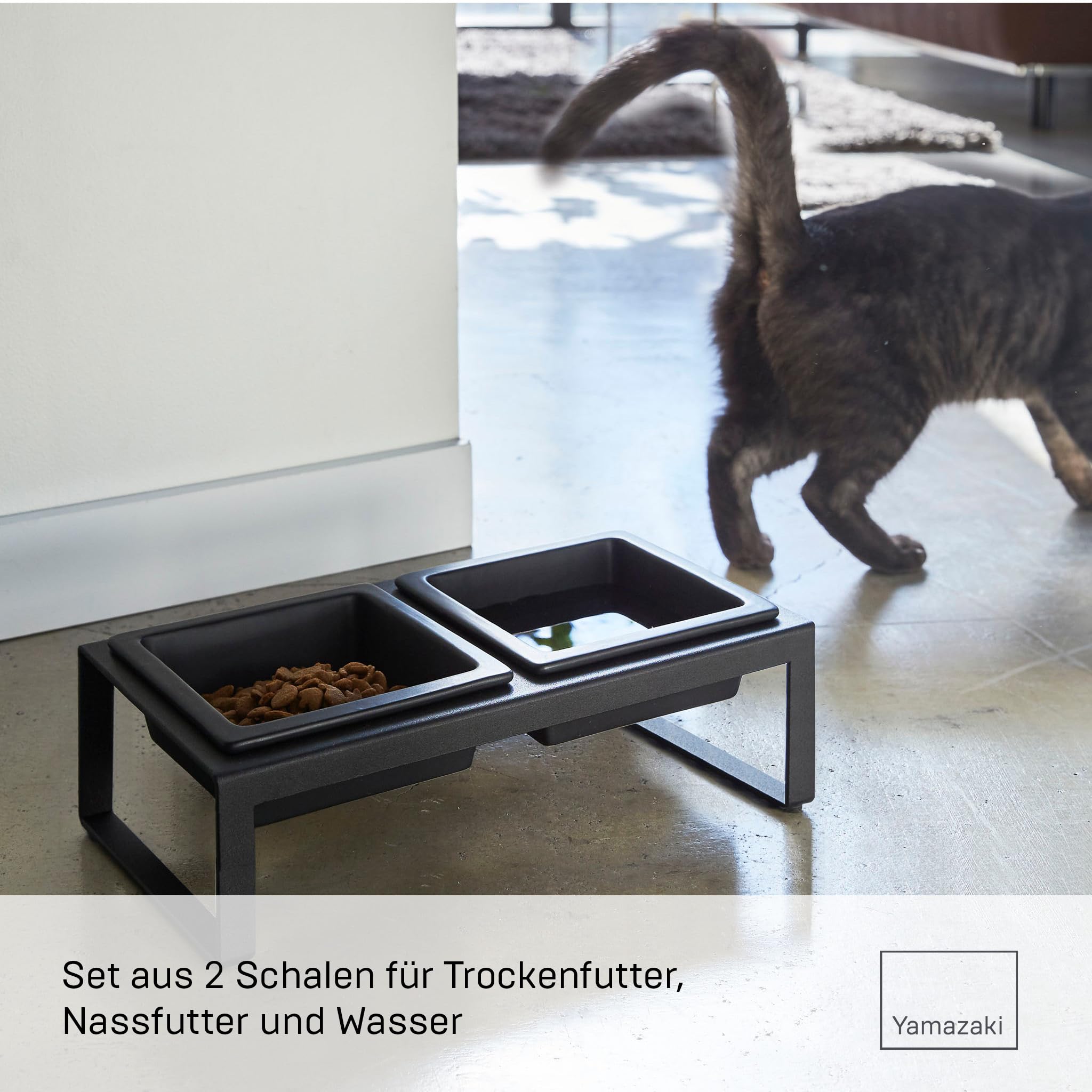 Yamazaki 4745 Tower Pet Food Bowl Stand Set, Black, Steel/Ceramic, 29 x 15.5 x 10 cm