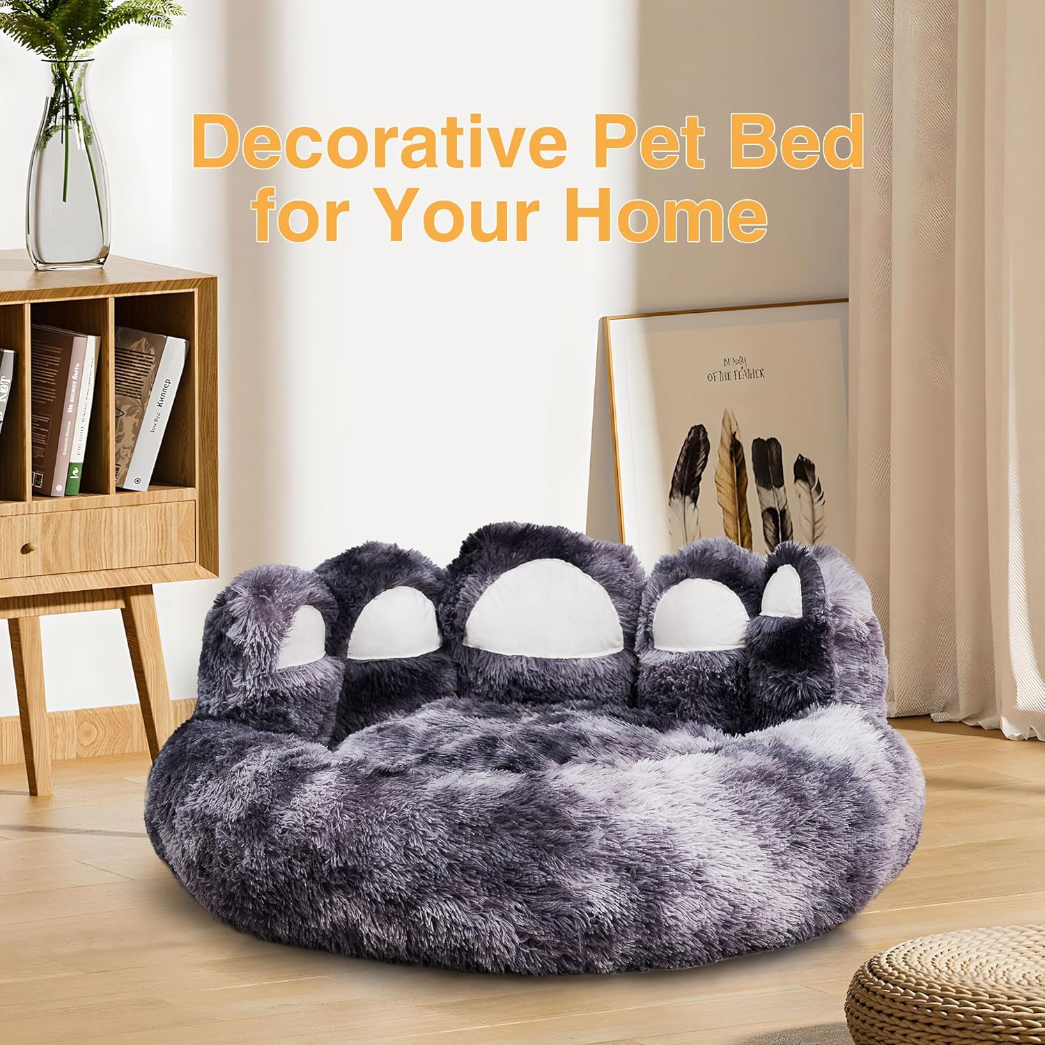 Cute Dog Bed, Fluffy Cozy Bear Paw Shape Plush Round Cat Bed for Small, Medium Dogs & Large Cats,Comfortable Sleeping Puppy Cushion, Ideal for Indoor Use（Black&Gray,26inch