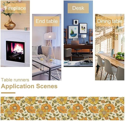 Miniatura 5 de Camino de mesa floral retro de los años 70, camino de mesa de flores de margarita naranja hippie para fiesta de cumpleaños, cocina retro comedor