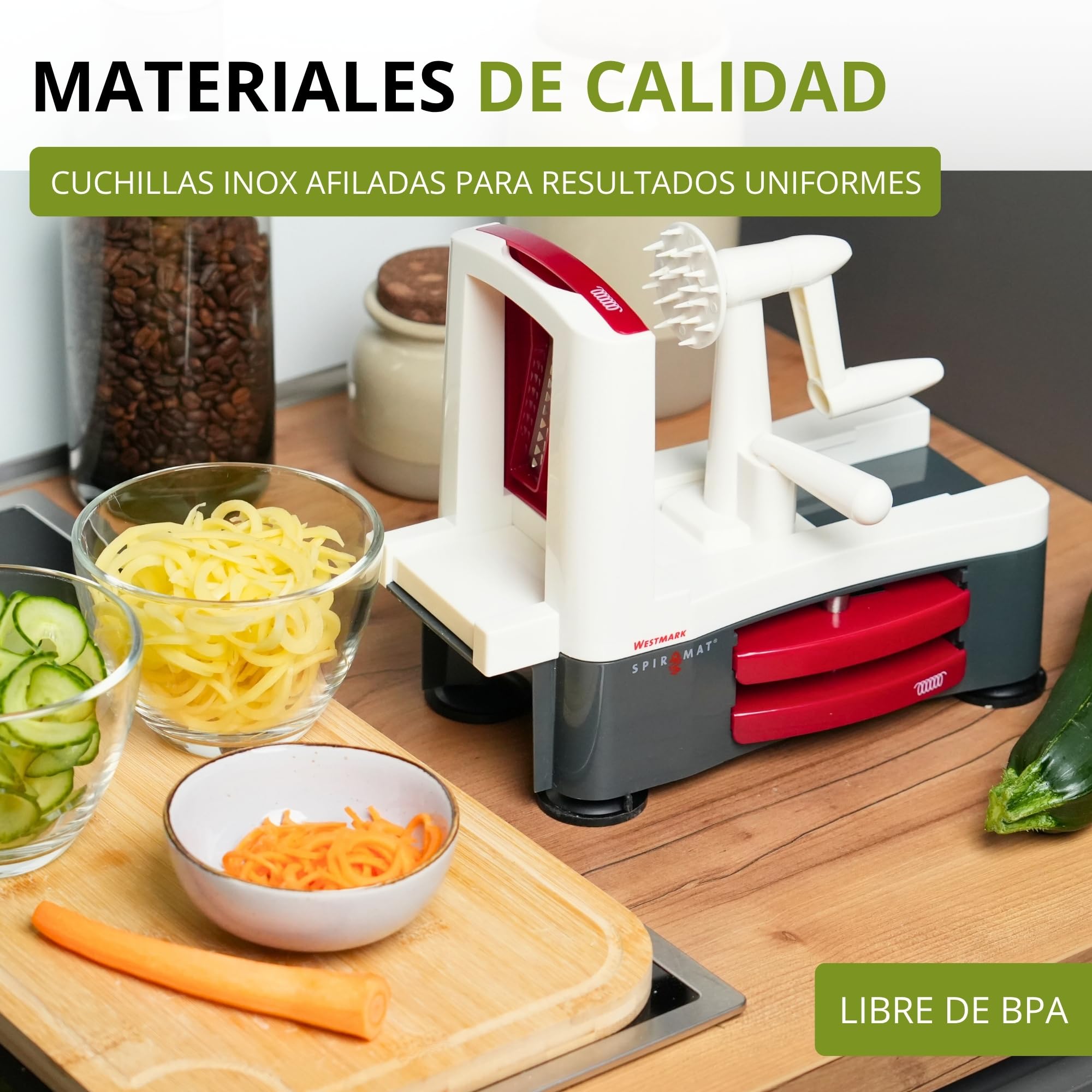 Westmark Cortador en espiral para fideos de verdura, zoodles y espirales de fruta, Con 3 insertos de corte, Cuchillas afiladas de acero inoxidable, Spiromat, Antracita/blanco/rojo, 11332260