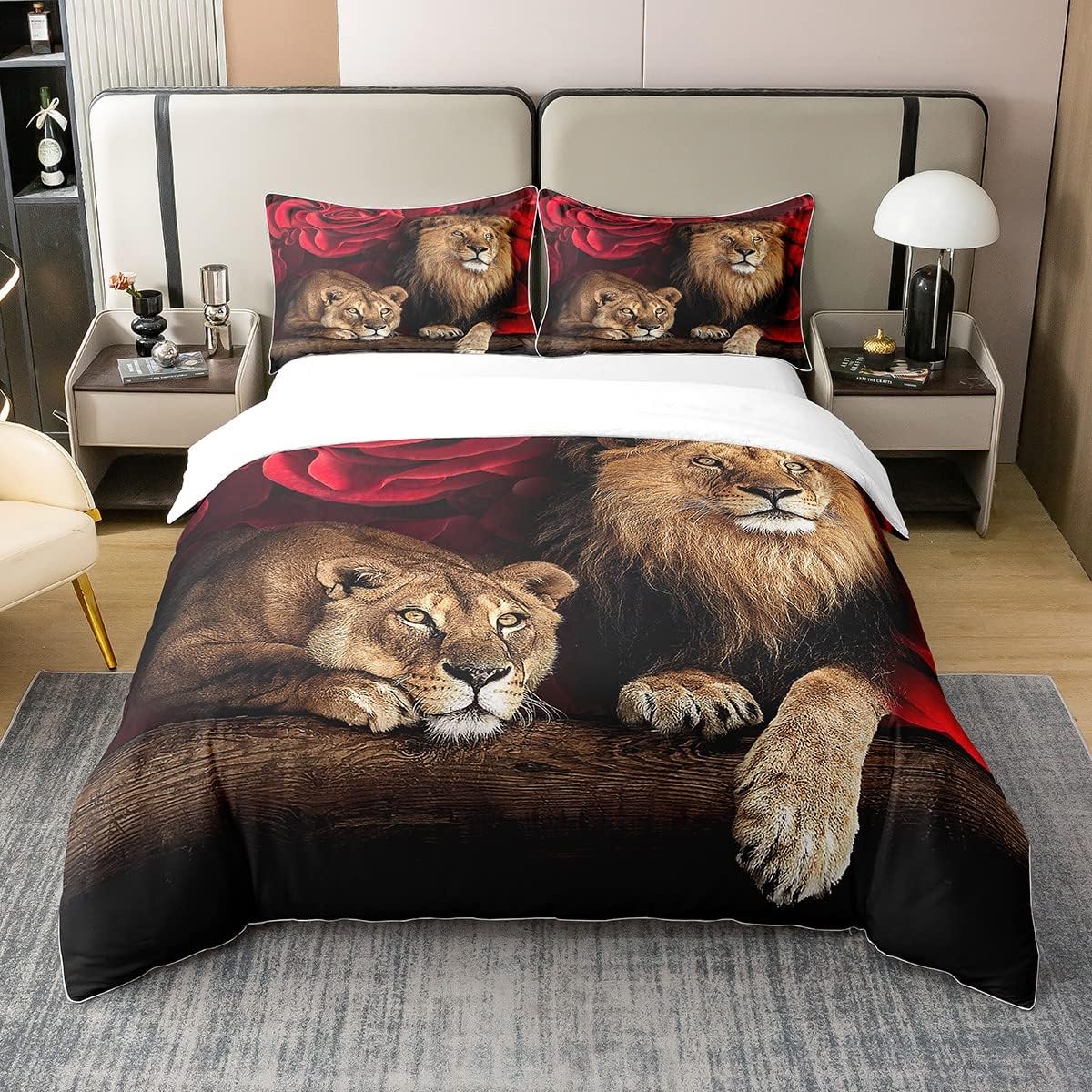 Juego de cama de algodón de 240 x 260 cm, funda nórdica de león rosa, juego de cama con estampado floral de animales, ropa de cama con temática de naturaleza, para niños jóvenes adultos, ultra suave