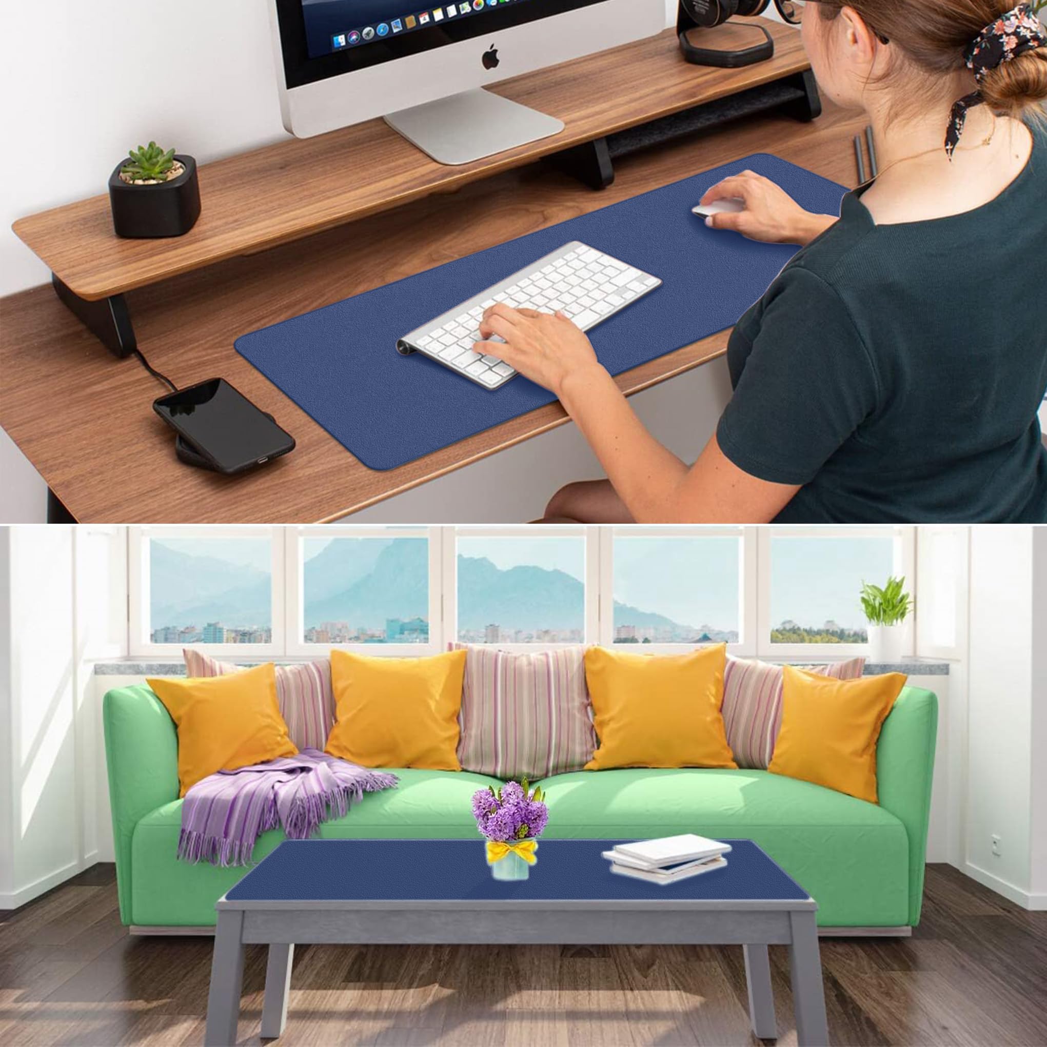 LL-COEUR Dos Cara Cuero Alfombrilla de Ratón Impermeable Escritorio Pad Oficina Desk Mat (1000 x 500 x 2 mm, Azul Oscuro)