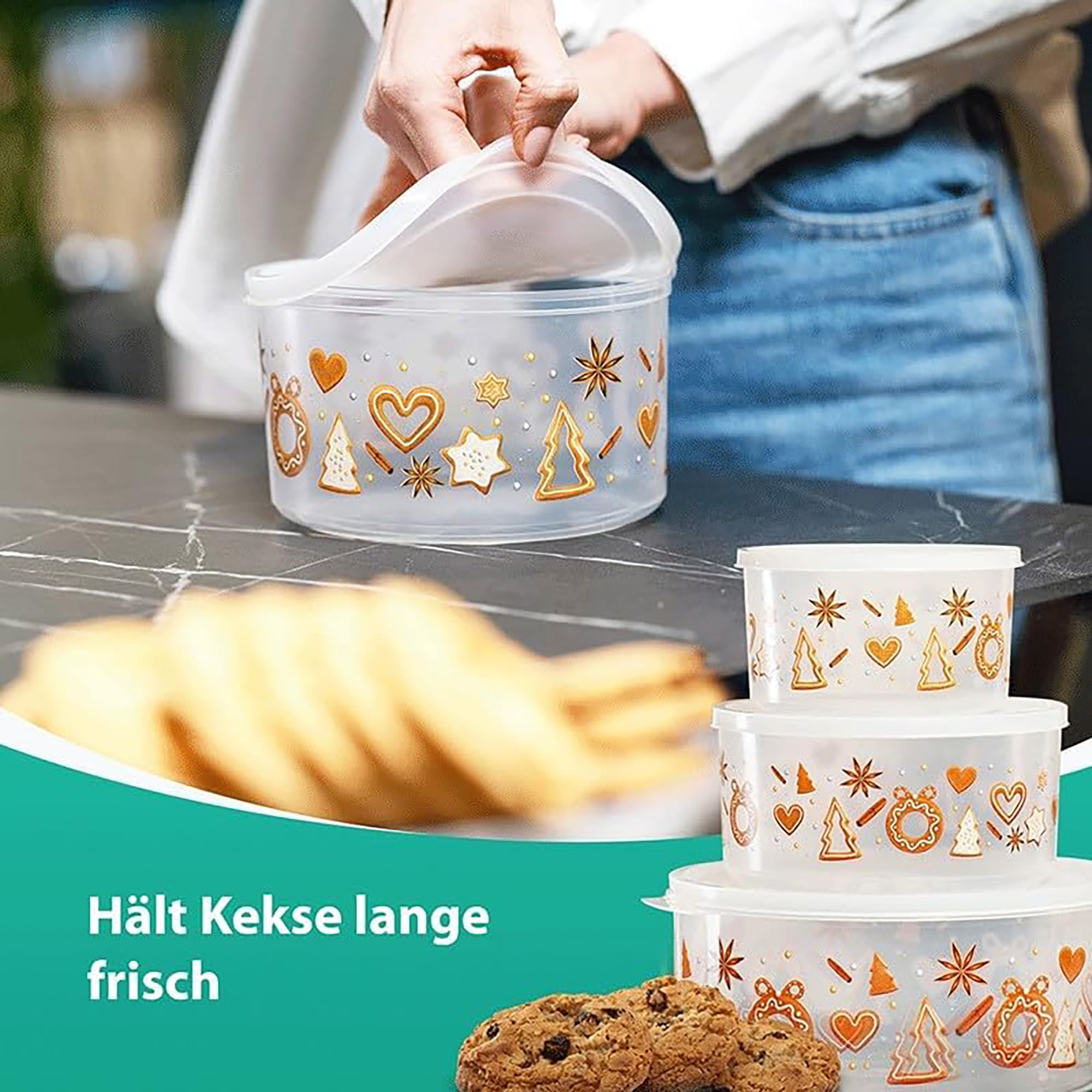 MiraHome Lot de 4 boîtes à biscuits rectangulaires avec design pain d'épices - Transparentes - 2,5 l - Idéales comme boîte à biscuits pour Noël - Boîte à biscuits pour la période de Noël