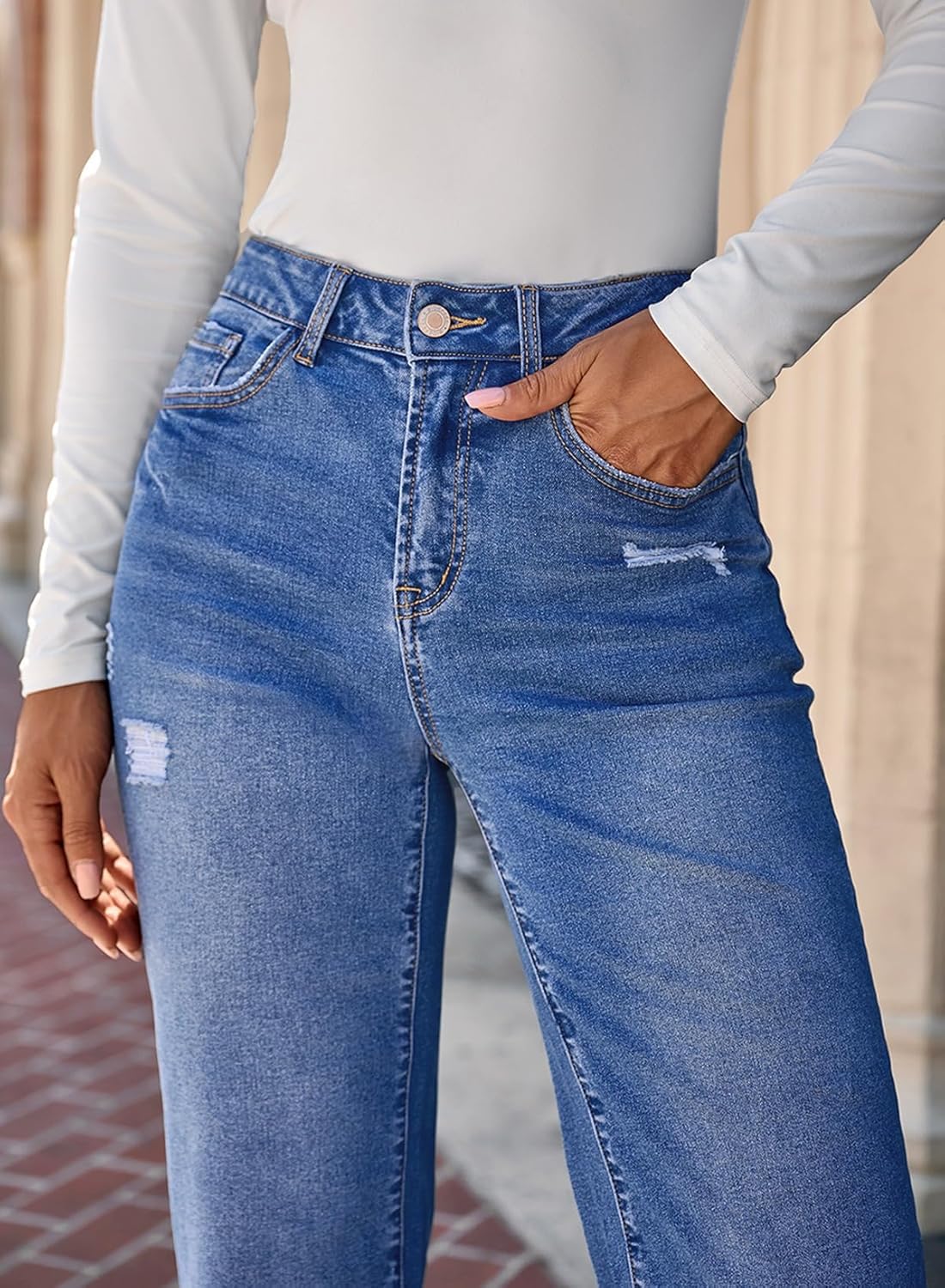 Sidefeel Women's Wide Leg Jeans High Waisted Stretchy Distressed Straight Leg Folded Hem Loose Denim Pants - Image 4