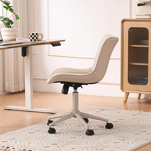 Miniatura 63 de YOUTASTE Silla de oficina marrón, moderna silla de escritorio sin brazos con respaldo, silla giratoria ajustable de piel sintética con ruedas, base