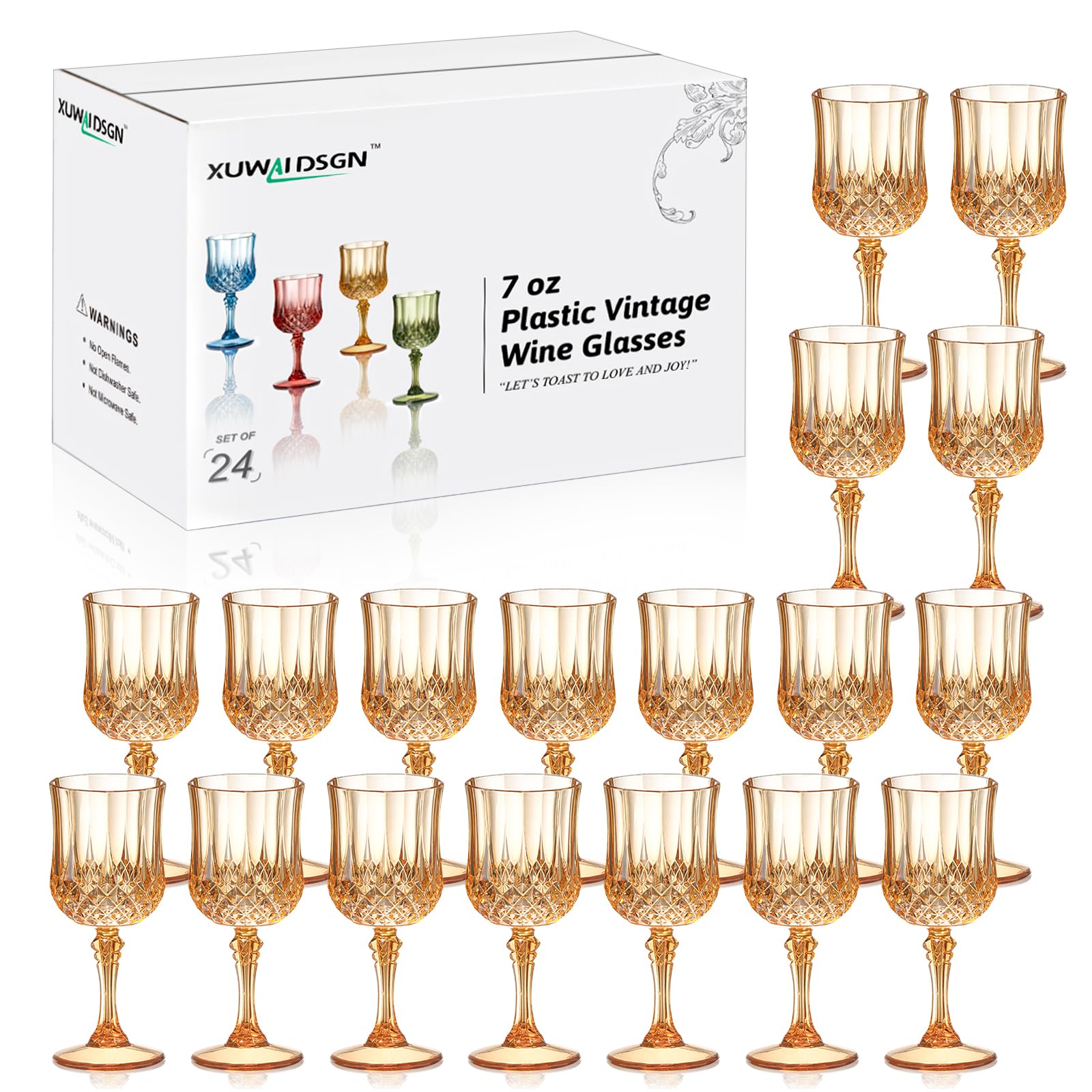 Photo 1 of XUWAIDSGN 24 Pcs 7oz Plastic Vintage Wine Glasses Drinking Glasses Unbreakable Wedding Glassware Crystal Water Goblets Reusable Drinkware Vintage Champagne Flutes (24, Amber)