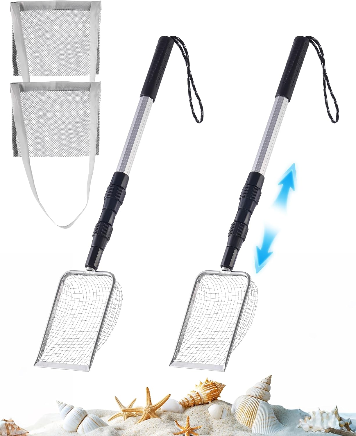 2Pcs Shark Tooth Sifter, with Seashell Bags, Beach Sand Scoop w/ Adjustable Handle 21"-35", Angled Mesh Head for Fast Sifting, Lightweight Aluminum & Steel, Sand Sifter for Shells, Sea Glass, Fossils