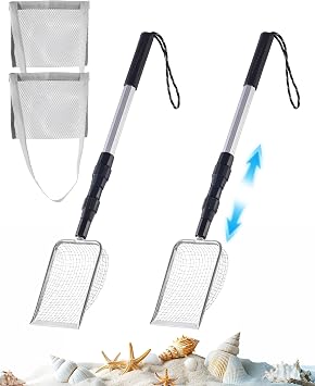 2Pcs Shark Tooth Sifter, with Seashell Bags, Beach Sand Scoop w/ Adjustable Handle 21"-35", Angled Mesh Head for Fast Sifting, Lightweight Aluminum & Steel, Sand Sifter for Shells, Sea Glass, Fossils