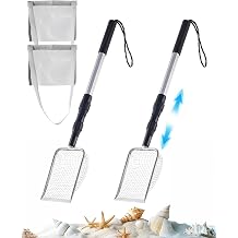2Pcs Shark Tooth Sifter, with Seashell Bags, Beach Sand Scoop w/ Adjustable Handle 21"-35", Angled Mesh Head for Fast Sifting, Lightweight Aluminum & Steel, Sand Sifter for Shells, Sea Glass, Fossils