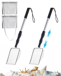 2Pcs Shark Tooth Sifter, with Seashell Bags, Beach Sand Scoop w/ Adjustable Handle 21"-35", Angled Mesh Head for Fast Sifting, Lightweight Aluminum & Steel, Sand Sifter for Shells, Sea Glass, Fossils - Amazon product rated Grade A