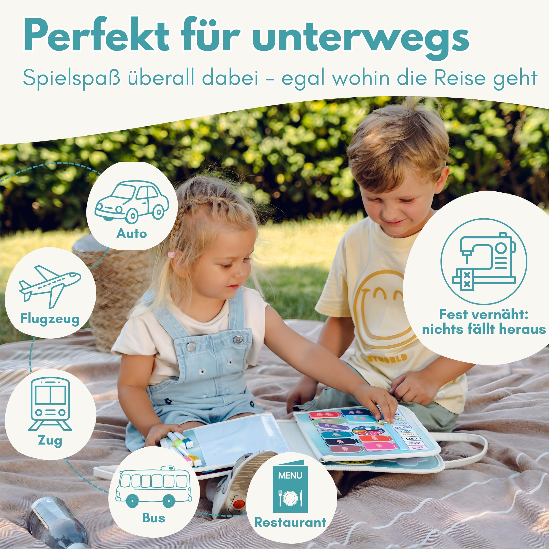 Lion’s Collection Montessori Busy Board Deutsch ab 3 Jahre – Busy Book & Activity Board für Kinder – Motorikbuch & Lernbuch – Reisespielzeug für Auto, Zug & Flugzeug