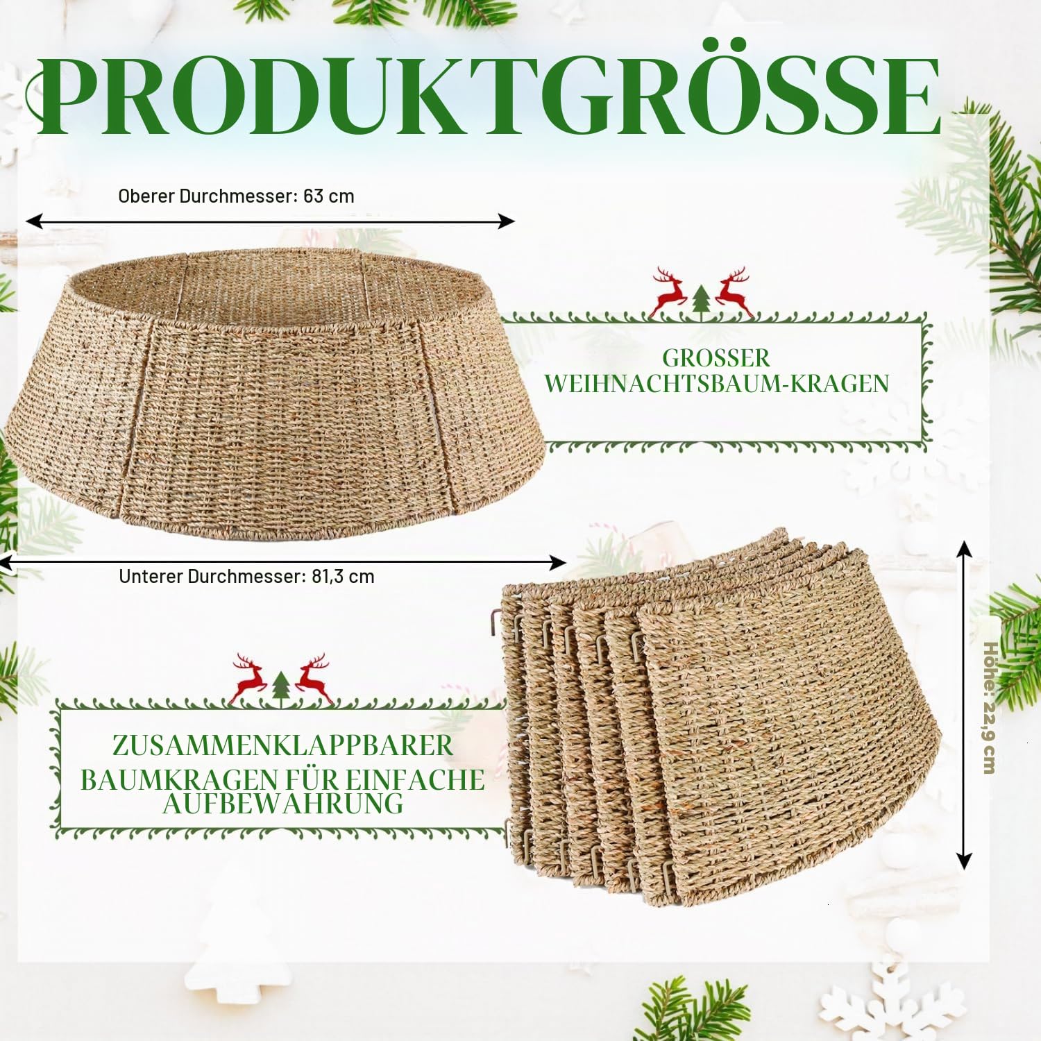 Rocinha 81,3 cm extra großer Rattan-Weihnachtsbaum-Kragenkorb – rustikaler handgefertigter Weihnachtsbaumständer Abdeckung gewebter Baumrock Kragen Weihnachtsbaumschmuck Bauernhaus Innendekorationen