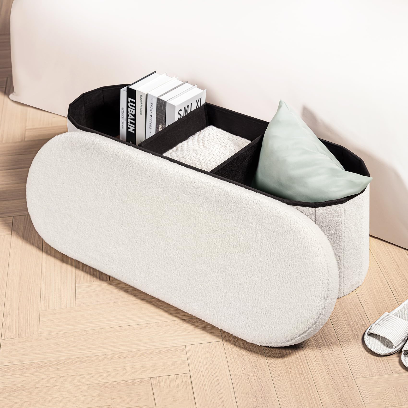 Bonlife Sitzbank mit Stauraum, klappbare Sitztruhe, Aufbewahrungsbox, Fußbank,Liebe, für Schlafzimmer Wohnzimmer Flur, Weiß, 110x38x38 cm