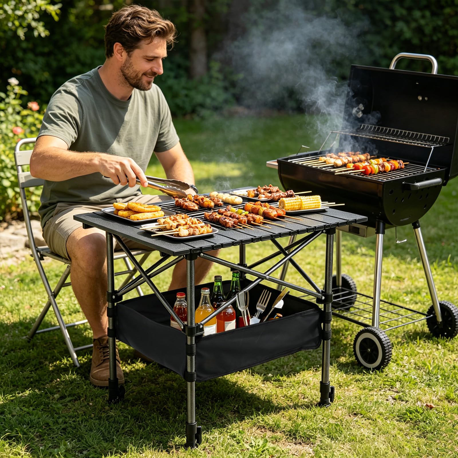 Campingtisch Klappbar, Klapptisch Höhenverstellbar 53x51cm | Camping Falttisch mit Ablagenetz, Tasche, Schwarz Campingtisch Faltbar für Picknick Camping Garten Kochen Angeln Outdoor