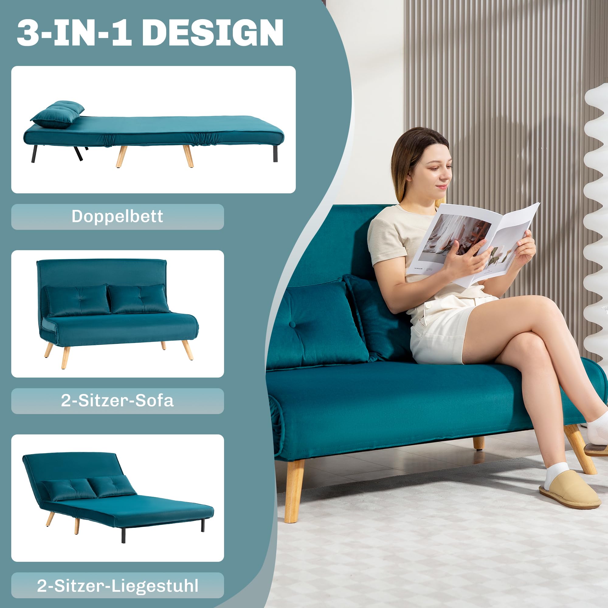 HOMCOM Schlafsofa 3in1 - Verstellbare Couch Zum Bett 190x120cm Samt Dunkelgrün