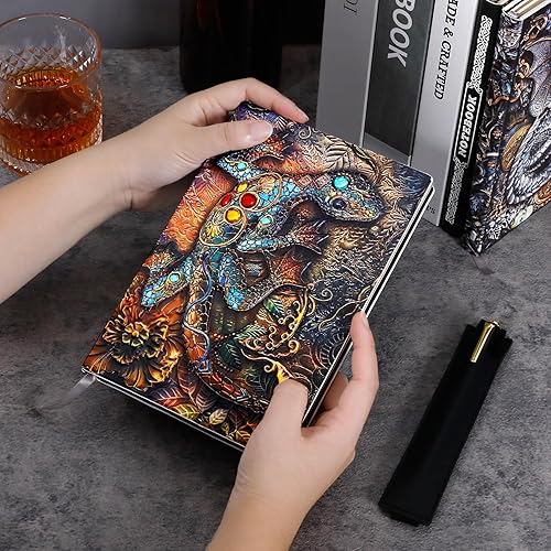 Miniatura 5 de FEIDIAO Cuaderno de Cuero con Relieve de Lagarto Vintage, Cuaderno DND, Diario de Viaje con Bolígrafo y Funda para Bolígrafo, Diario de Cuero PU,