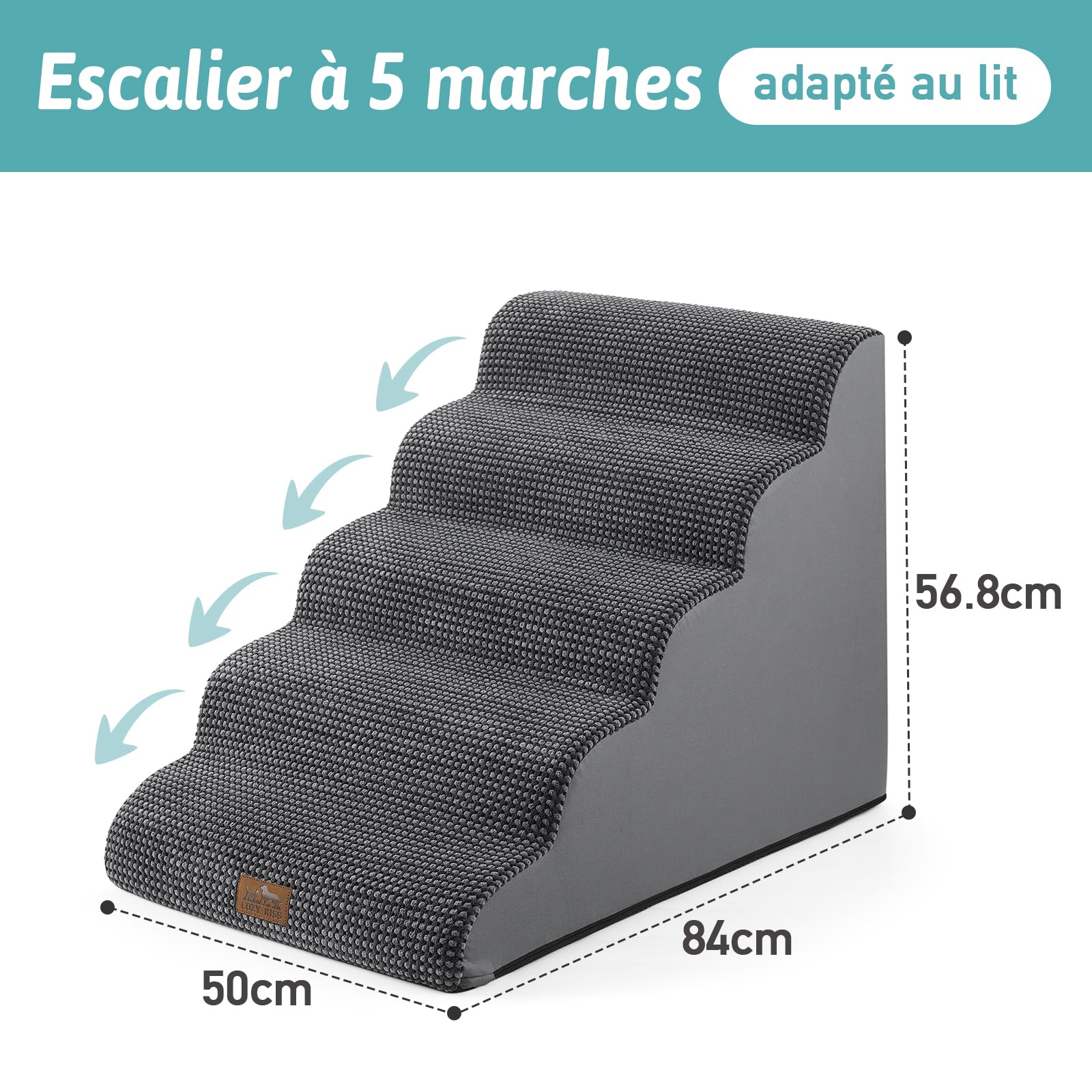 COZY KISS Large escalier pour Chien et Petit Animal Domestique avec Housse Anti-Fuite (Noir grisâtre, 50x83x57cm, 5.0)