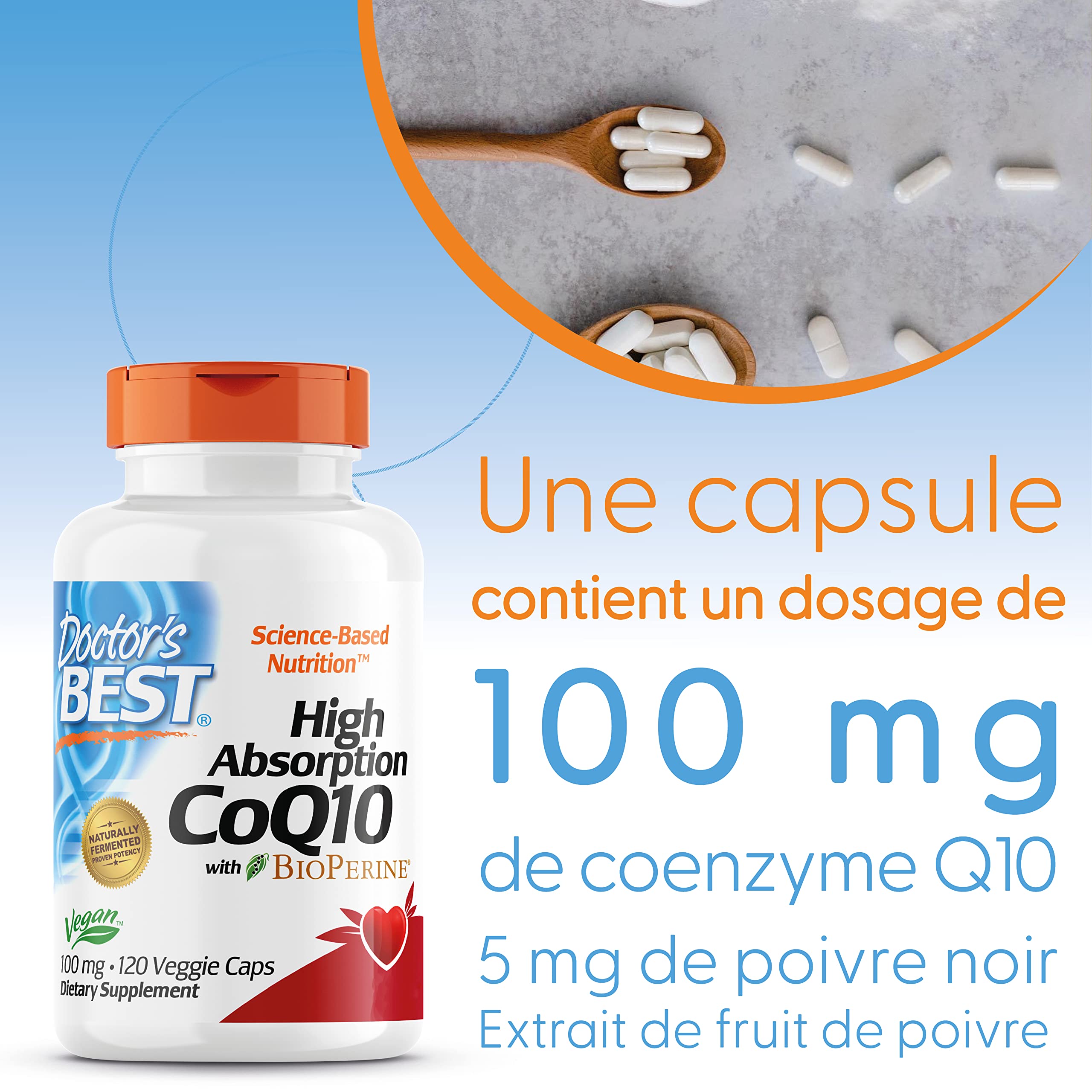 Doctor's Best, High Absorption CoQ10 (CoQ10 à haute absorption avec BioPerine), 100 mg, 120 vegan Capsules, Végétal, Coenzyme Q10, Testé en Laboratoire, Sans Gluten, sans OGM