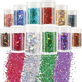 Matio Glitter holográfico grosso, 12 cores sortidas, glitter, misturado, 3 mm, estrelas, purpurina, pó fino, glitter em pó, flocos de glitter grosso para resina, arte de unhas corporais, festival de