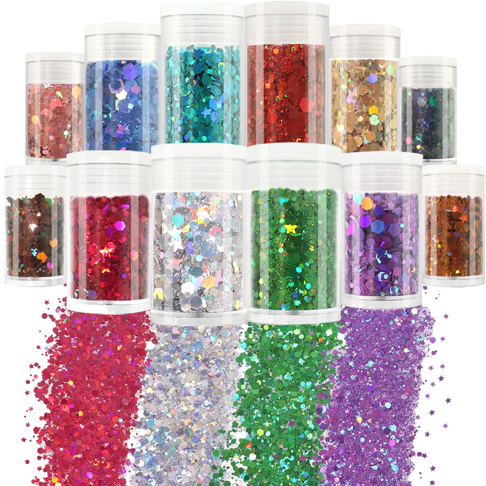Matio Holographic Chunky Glitter,12 Colors Assorted Craft Glitter Mixed 3mm Stars Glitter Shape Fine Glitter Powder,Bulk Chunky Nail Glitter Flake Sequin for Resin,Body Nail Art,Slime Tumbler Festival