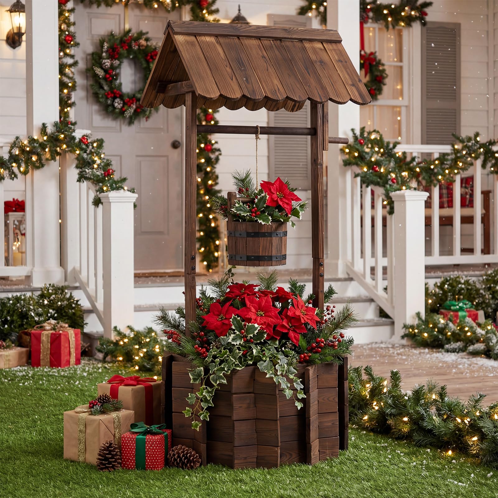 COSTWAY Holzbrunnen mit Dach, Wunschbrunnen Garten, Blumenkübel Dekobrunnen Blumentopf, Dekoration für Draußen Veranda, Zierbrunnen Brunnen Gartenbrunnen, 56 x 56 x 119 cm, Braun