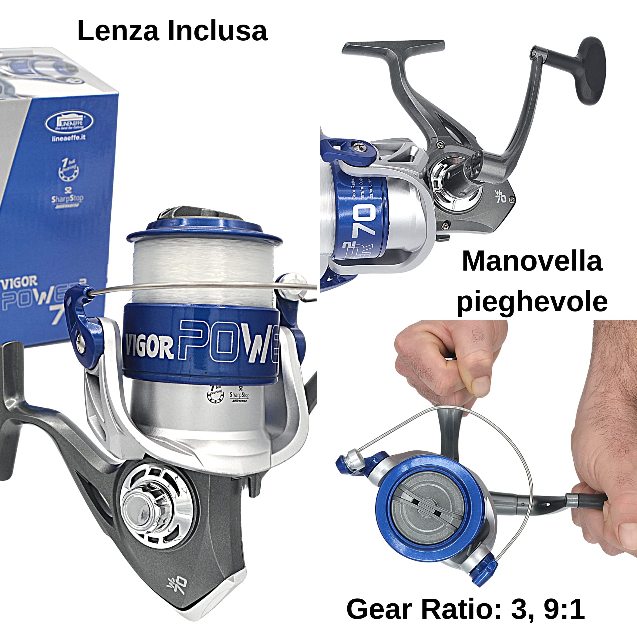 Kit 2 Mulinelli surfcasting Vigor Power 70 linea effe - Mulinello pesca con filo da pesca 0.35 - Mulinello surfcasting mare Corpo e Bobina in grafite e manovella in metallo - Gear Ratio 3, 9:1