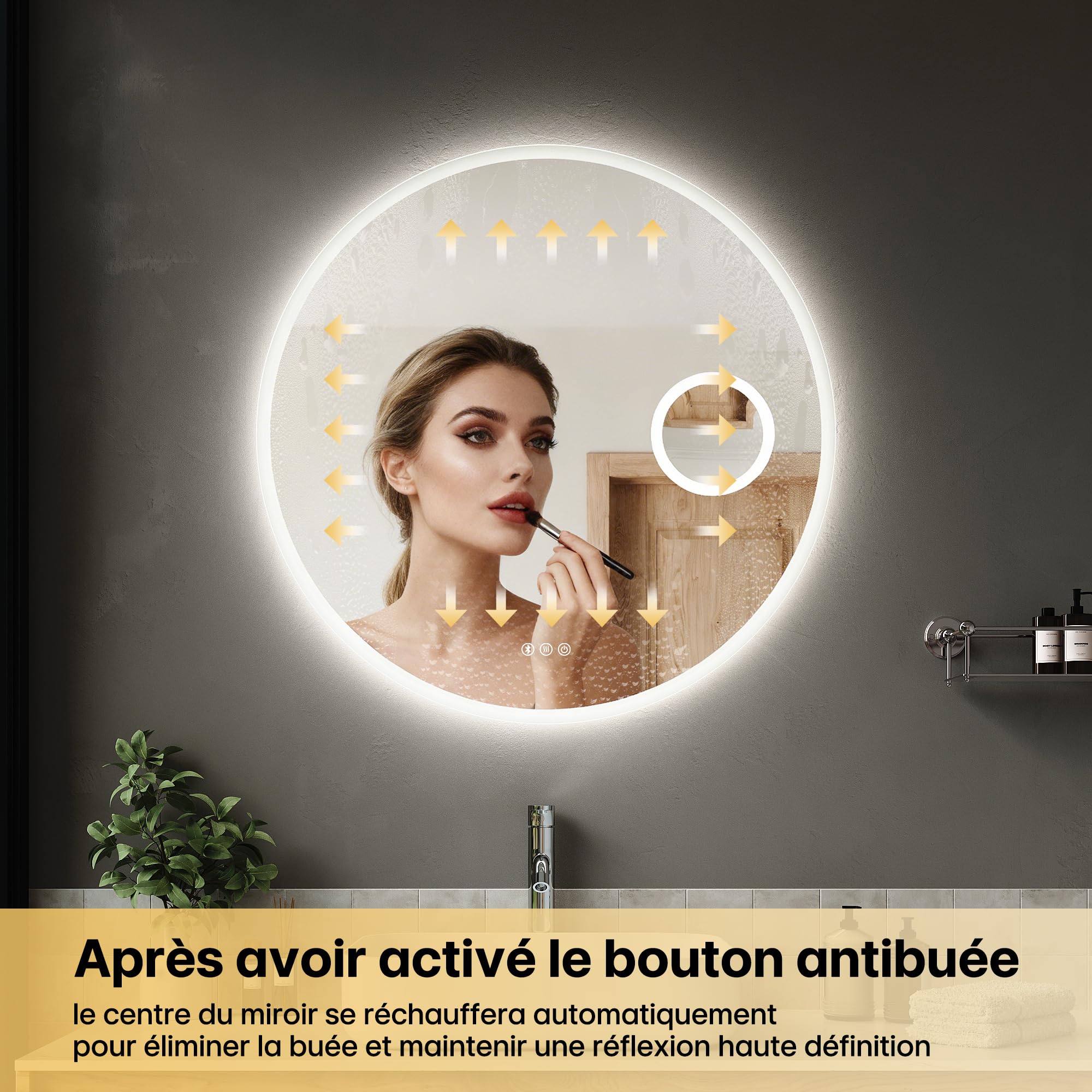 SIRHONA Specchio da bagno con illuminazione 80 cm, Bluetooth, dimmerabile, 3 colori leggeri, anti-appannamento, memoria, IP44, 3 x lente d'ingrandimento, specchio LED bagno, sensore tattile