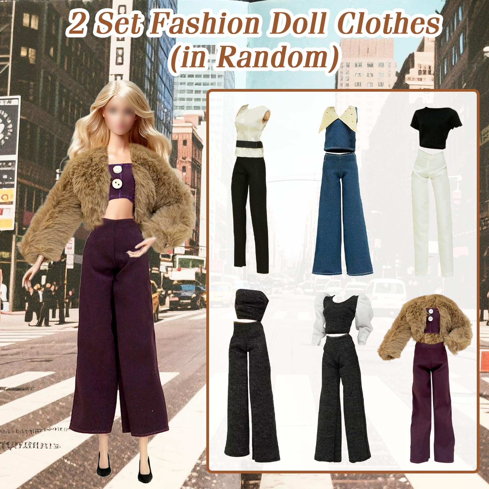 21 Doll Clothes Compatible with Barbie Include Brown Supermodel Plush Set Plush Vest Set Chunky Knit Set Denim Set Polka Dot Dress Sequined Dress 6 Shoes 6 Accessories for 11.5 Inch Dolls Girls Gift - Image 2