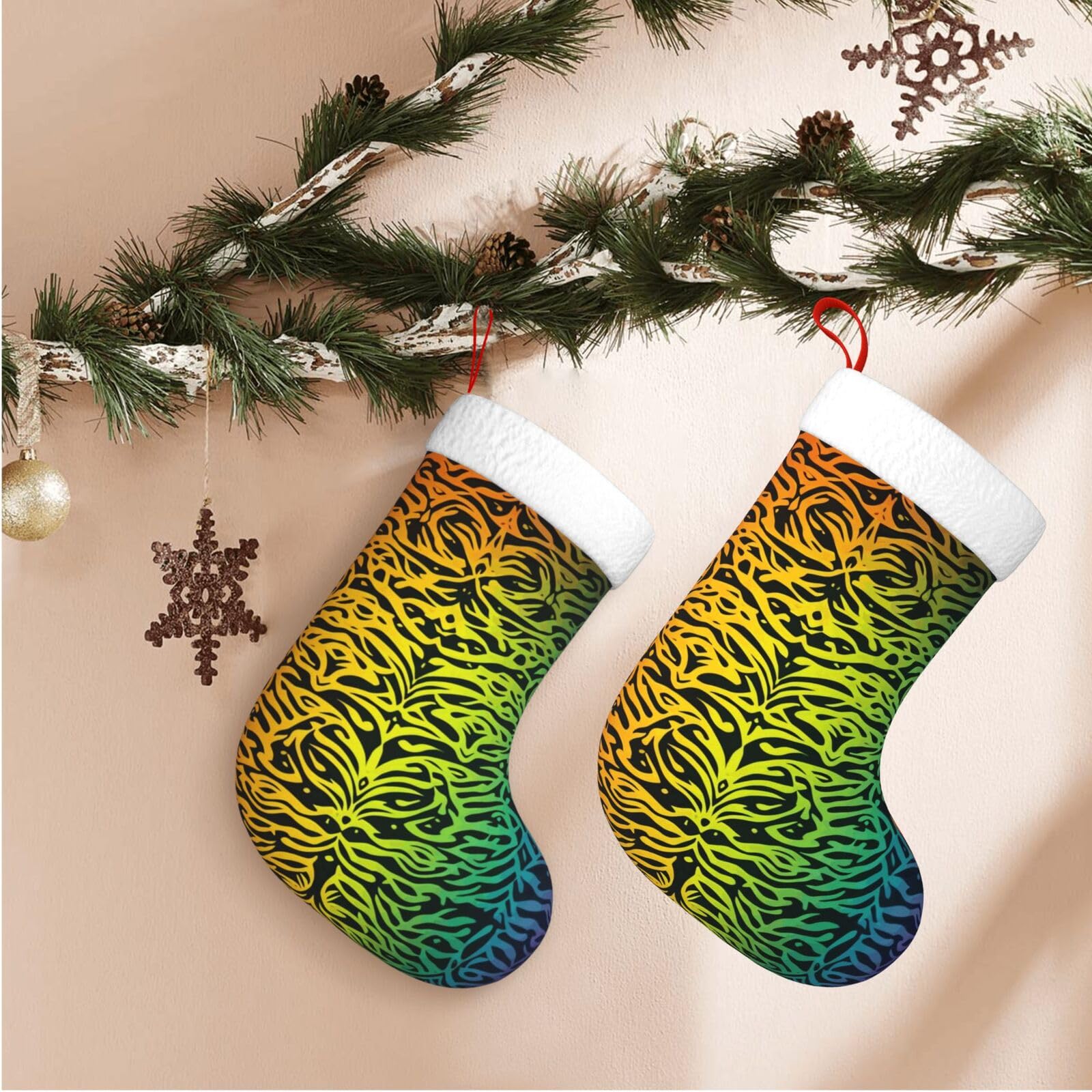 17.7" Christmas Stocking 1 Piece, Rainbow Pattern Background Xmas Stockings with White Plush Cuff Fireplace Hanging Stocking for Christmas Holiday Party Decoration