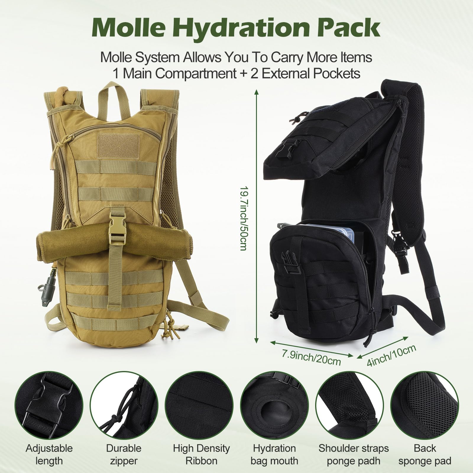 Liliful 2 juegos de mochila táctica Molle de hidratación con bolsa de agua de TPU de 3 l, mochila de hidratación táctica Molle para senderismo, ciclismo, correr y escalada