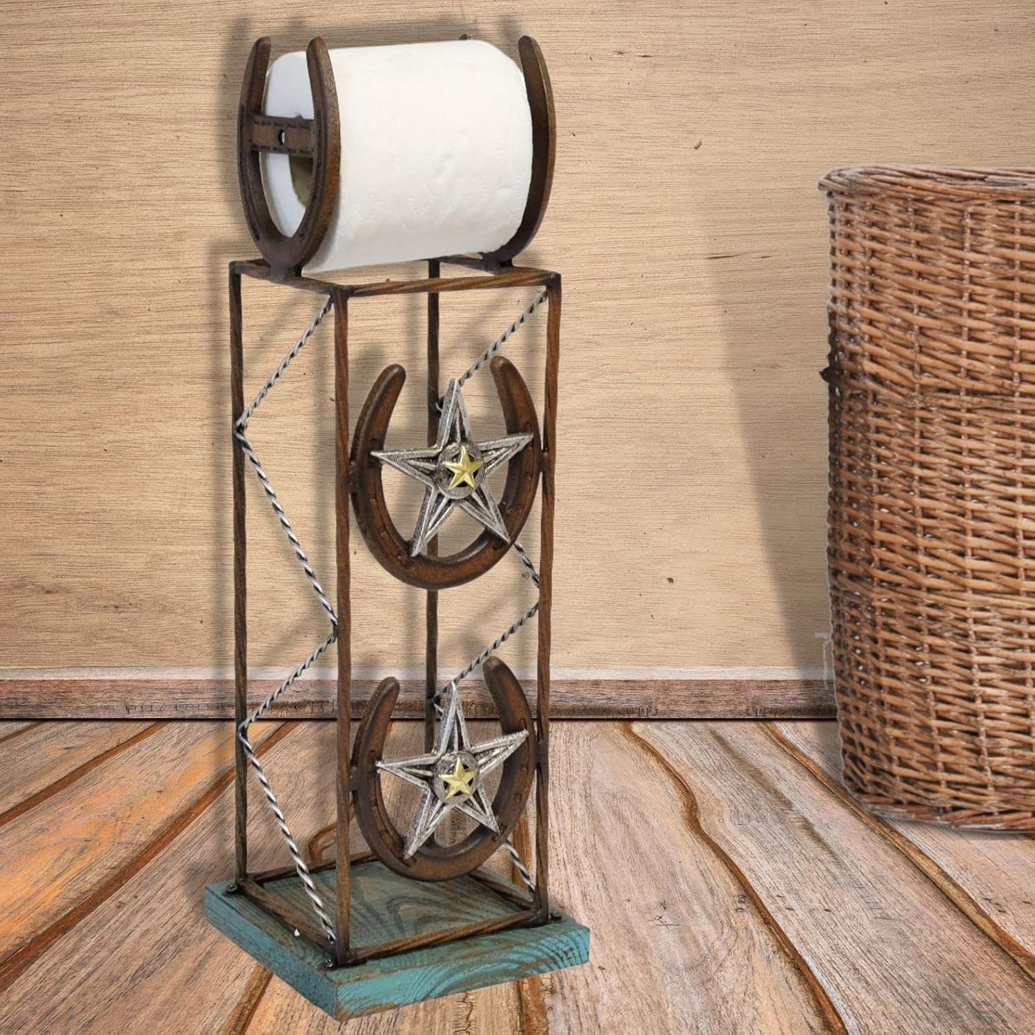 Rustic Toilet Paper Stand and Holder with Decorative Horseshoe and Star for Western Bathroom Décor
