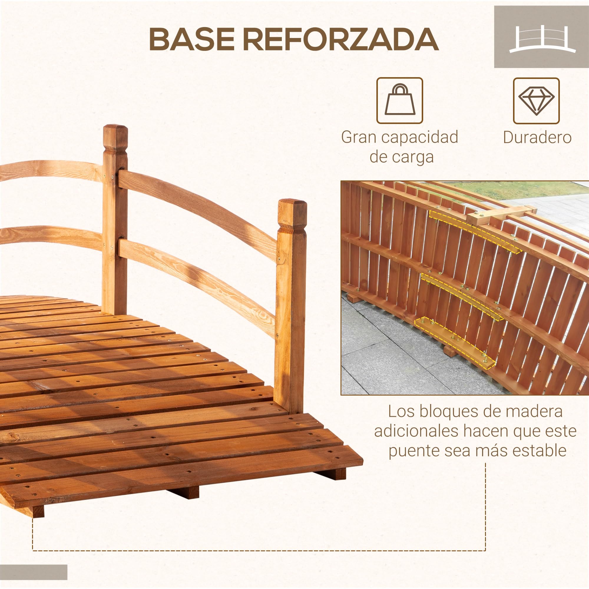 Outsunny Pont en bois avec main courante pour décoration de patio Charge 200 kg 185 x 72 x 58 cm Naturel