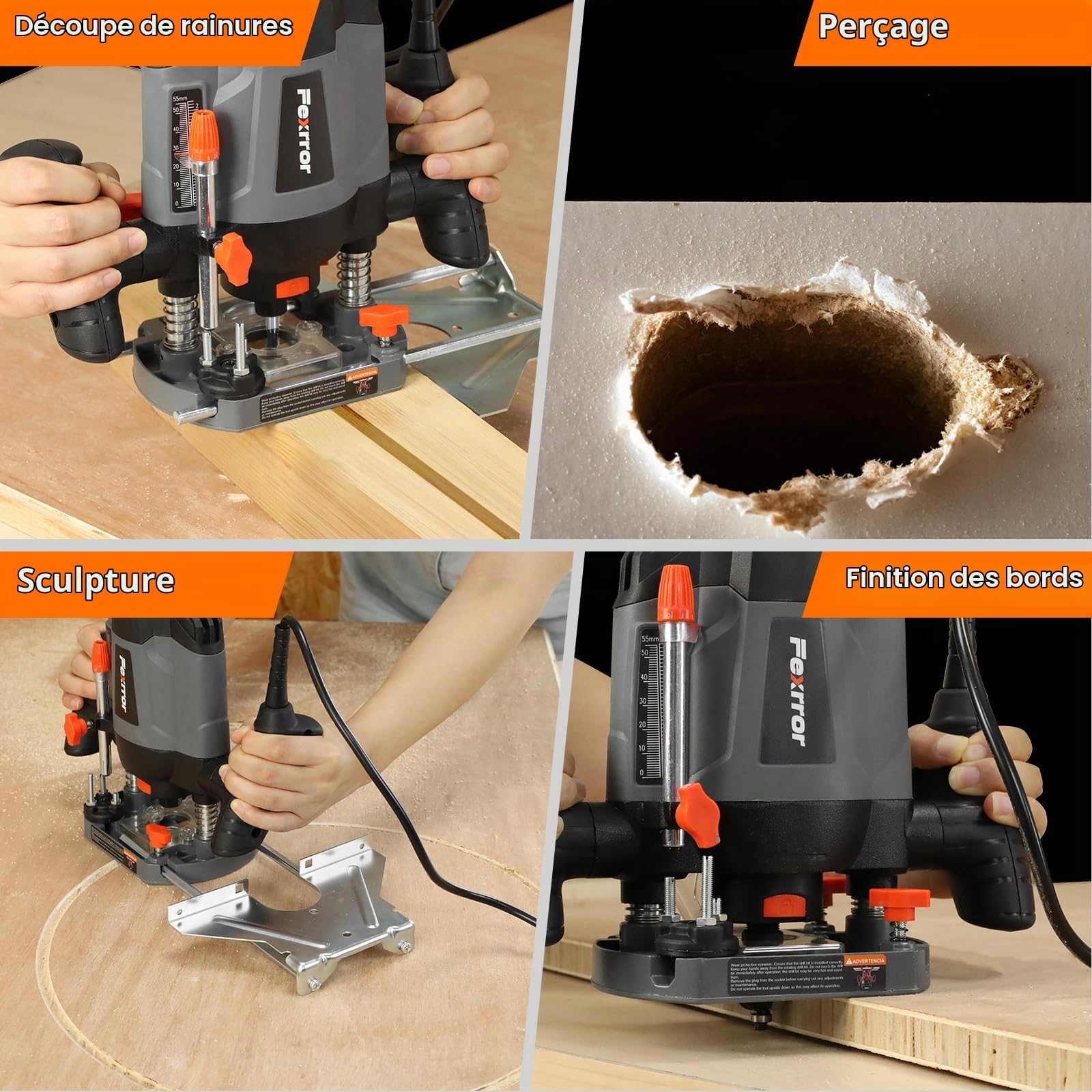 Affleureuse Défonceuse a Bois 1200W, Fexrror Affleureuse avec 30000 RPM, 7 Vitesses, Set de 12 Fraises, Port de Poussière, Support de Eail Parallèle, Réglage de la Profondeur de Fraisage