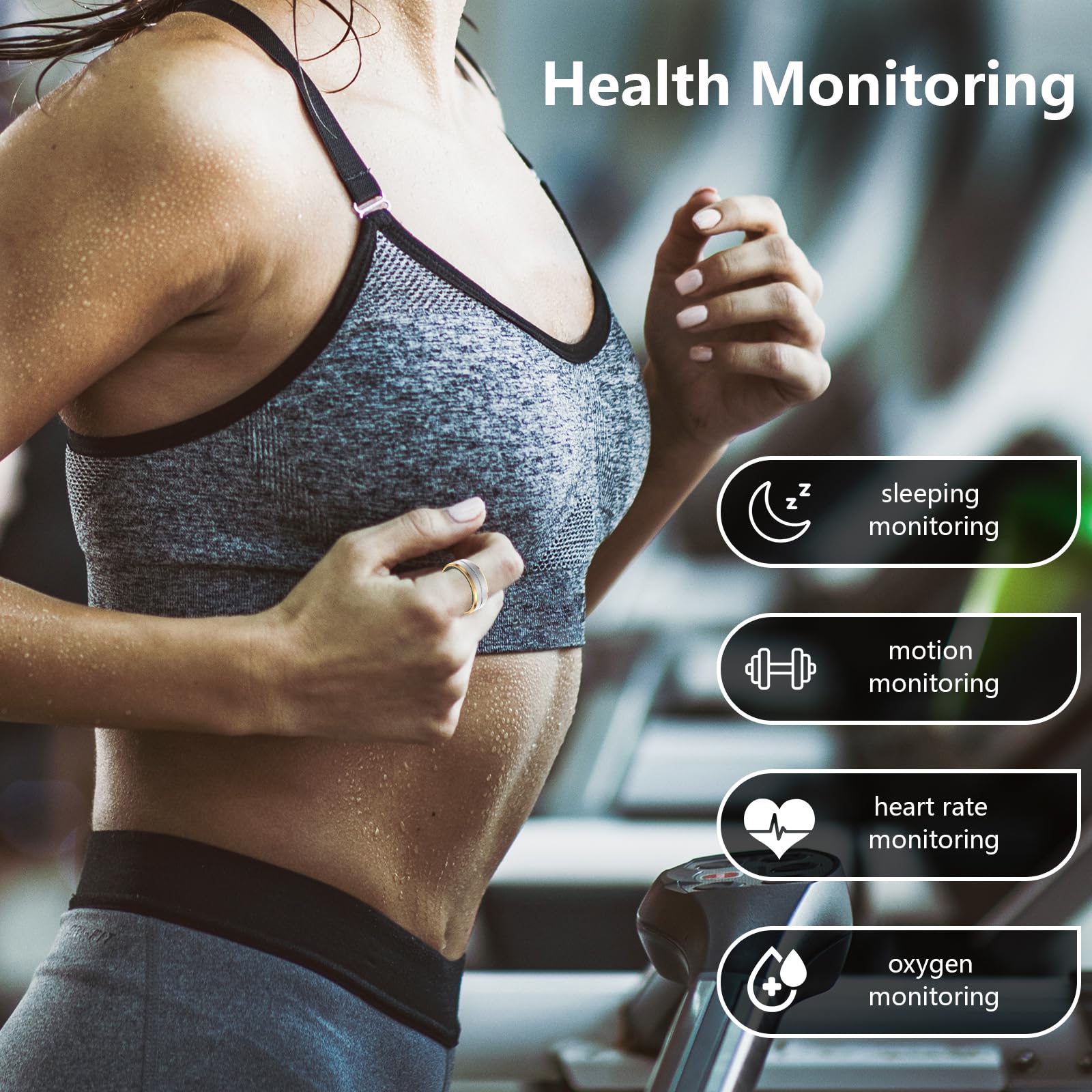 MERNEUO Smart Ring, Fitness and Health Tracker Ring with Calories/Heart Rate/Blood Oxygen/Sleep Monitoring, IP68 Waterproof Sleep Tracker Ring(Silver with Side Gold, #8)