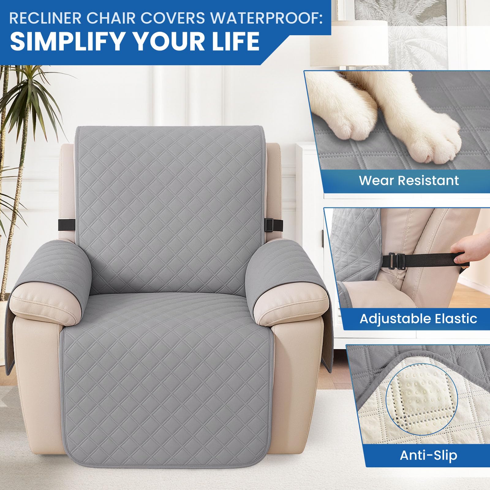 Housse Fauteuil Relax 1 Place Étanche Inclinable Antidérapant avec Poches Latérales Lavable Gris Clair